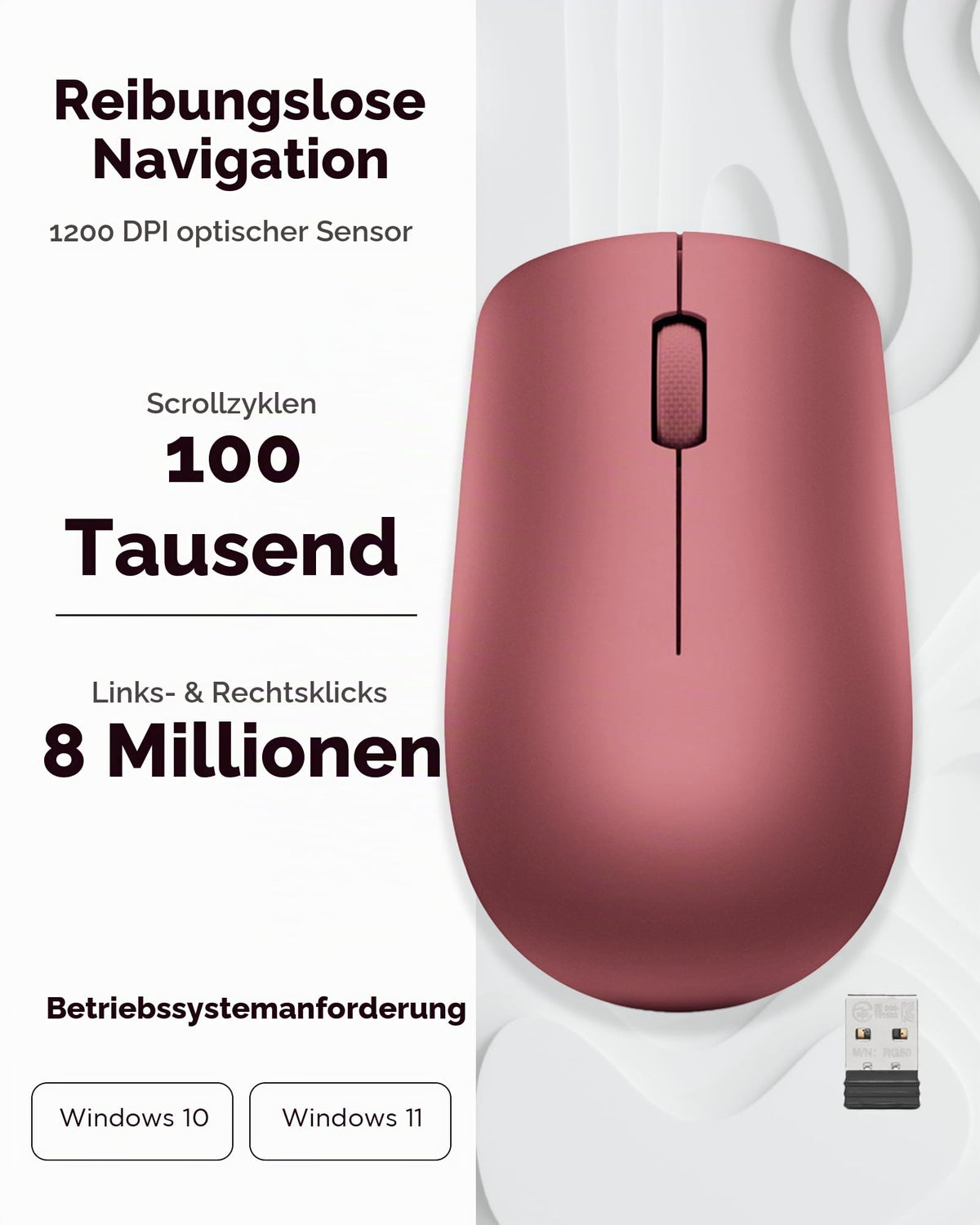 Lenovo 530 Mouse Wireless, design ambidextru, conexiune Nano-USB, compatibil cu laptopuri și PC-uri Windows, roșu cires - GY50Z18990