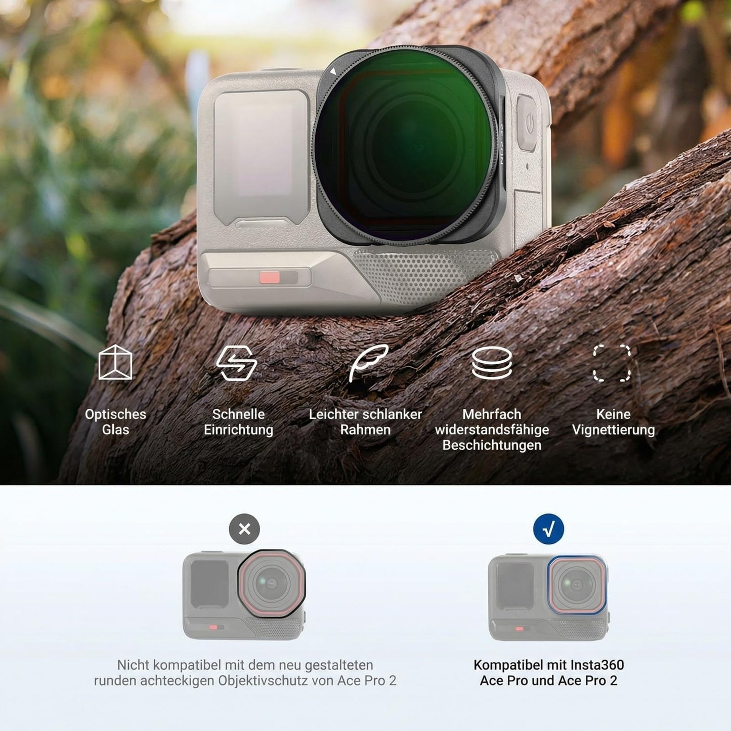 NEEWER Variable ND filter compatible with Insta360 Ace Pro Insta 360 Ace Pro 2, snap-on, multi-coated HD optical glass filter, adjustable ND2-32 gray filter for action cam lenses photo accessories - 10106931