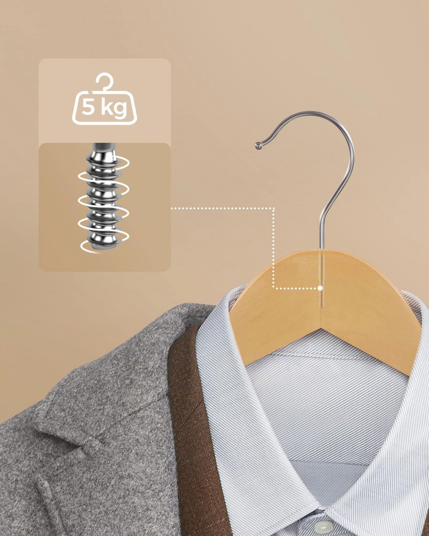 SONGMICS wooden clothes hangers, set of 50, hangers made of solid wood, notches in the shoulder area, non-slip trouser bar, 360° rotating hook, for suits, shirts, natural silver CRW001-50