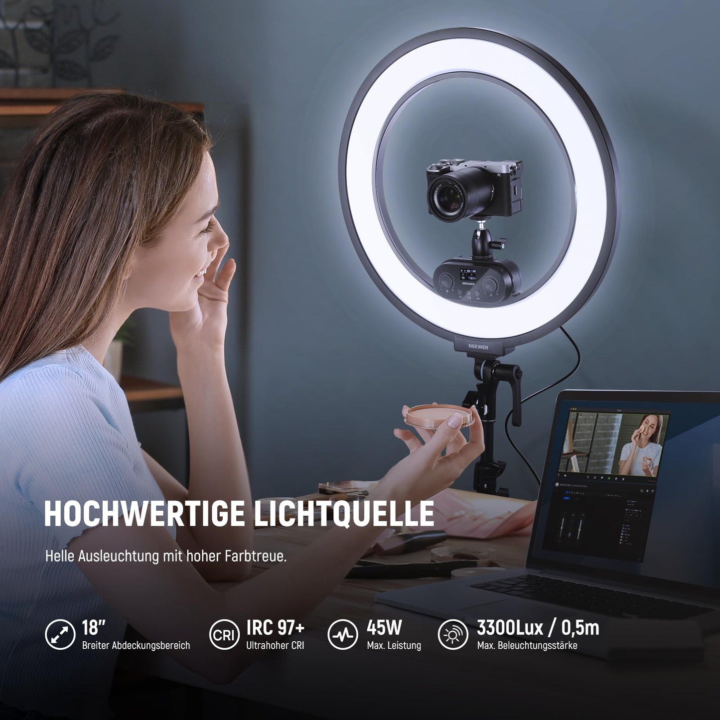 NEEWER 18" ring light set with edge lighting, 45W 3300Lux 2900K-7000K 12 scenes ring light with APP 2.4G PC Mac control, remote control, tripod bag for make-up, TikTok, Ins, live stream, RL45B - 10103370