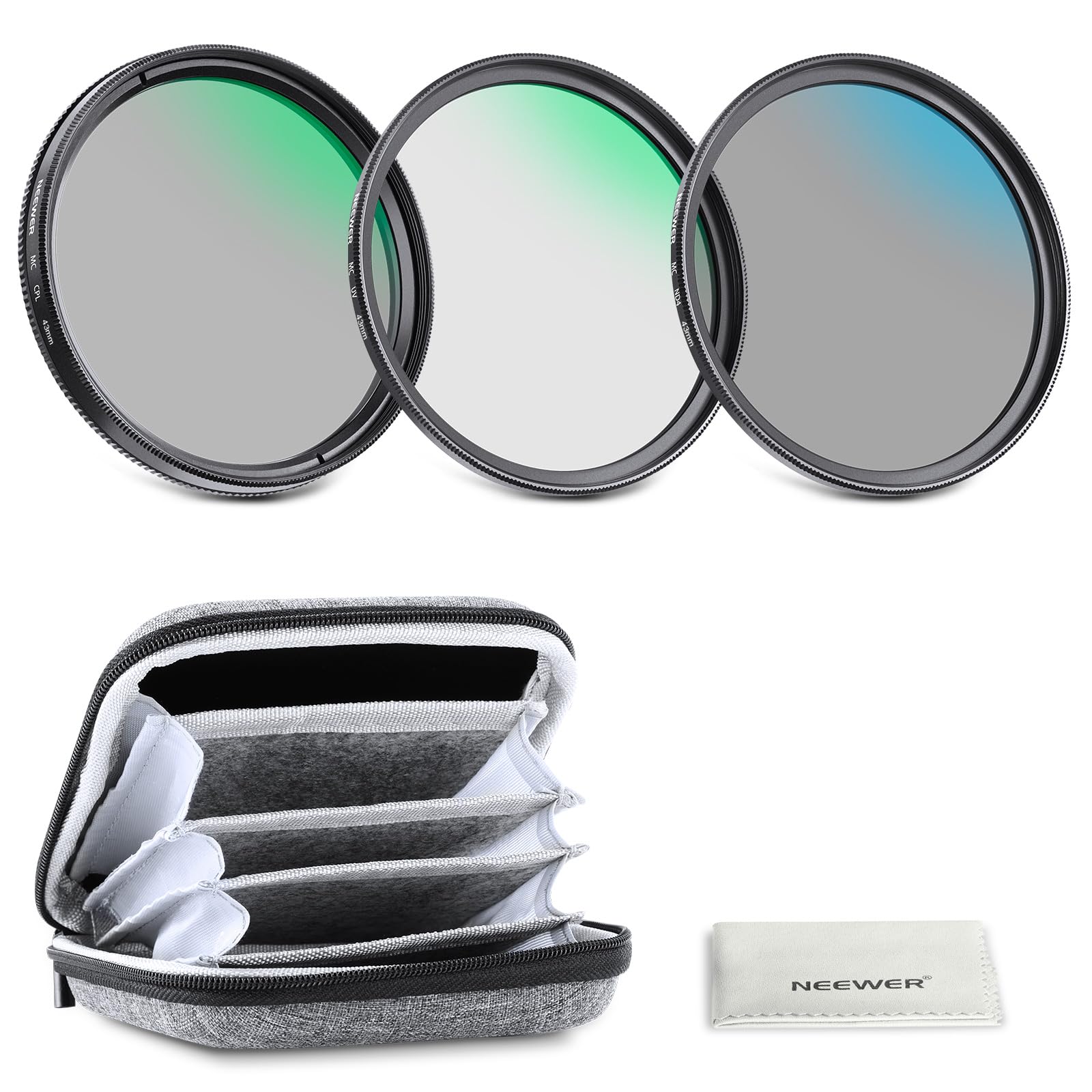 NEEWER 43mm UV/CPL/ND lens filter set with hard case, coated optical glass accessories & aluminum frame ultraviolet filter + circular polarization filter (CPL) + neutral density (ND4) filter - NW