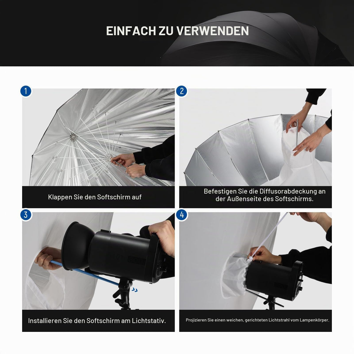 NEEWER 104cm Parabolic Reflective Umbrella for Photography, Studio Umbrella with Silver Interior, Soft Lighting with Diffuser Cover, Bag, Quick-Folding for Camera, Video Light, NS1U - 10103469