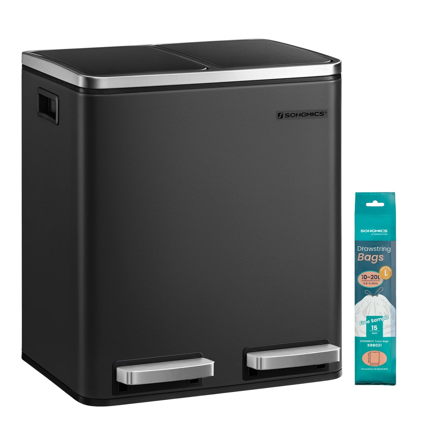 SONGMICS kitchen trash can, 2 x 15 liters, waste separation system 2 compartments, including 15 trash bags, trash can, pedal bin, recyclable waste, organic waste, soft close lid, ink black LTB30BK
