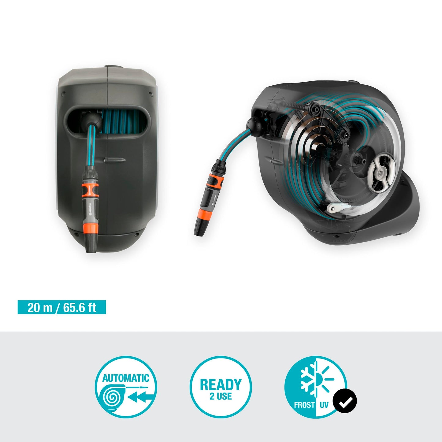 Gardena wall hose box RollUp M 20 m: Flexible irrigation for medium-sized gardens, swiveling hose reel, with wall bracket, system parts and syringe incl. 20 m Gardena hose (18612-60)