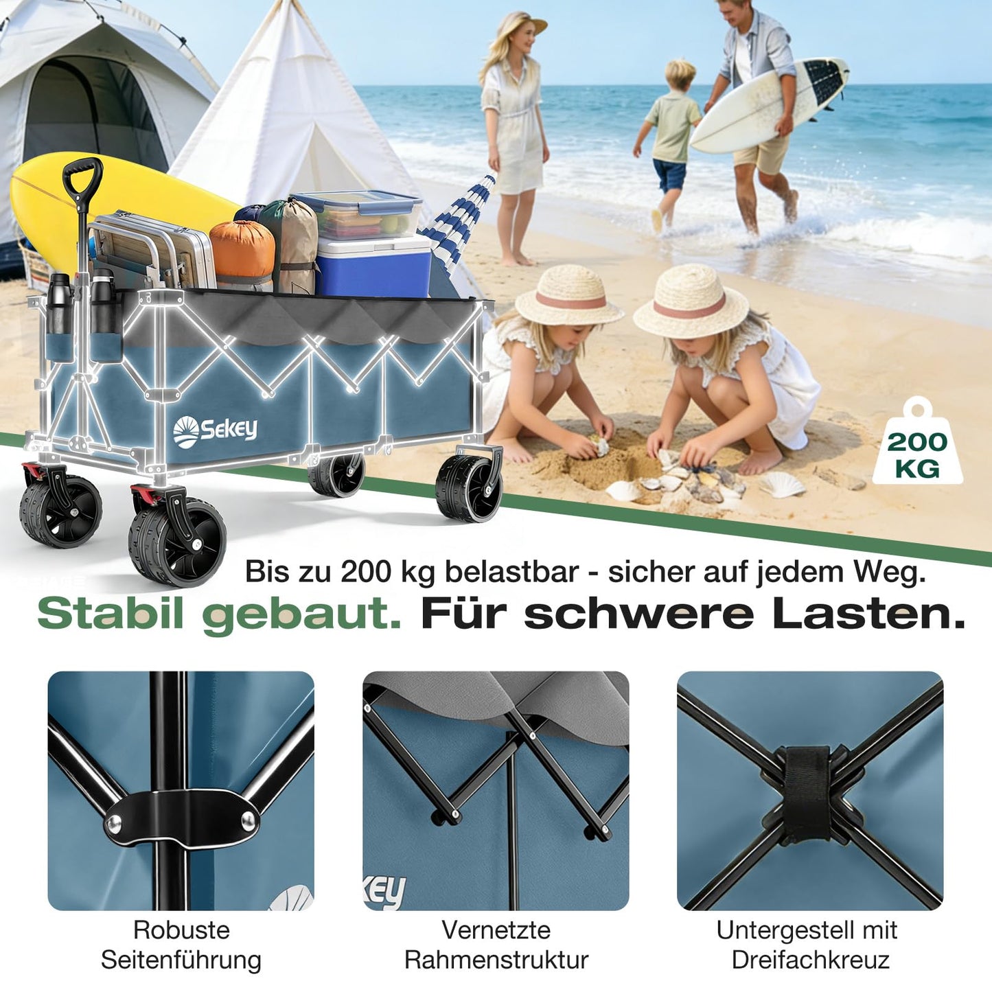 Sekey XXXL handcart foldable 300L 200KG load-bearing, extended folding handcart with extra width 17x10 cm all-terrain wheels handcart, patented 4-way instant assembly transport cart, blue with gray - 4013