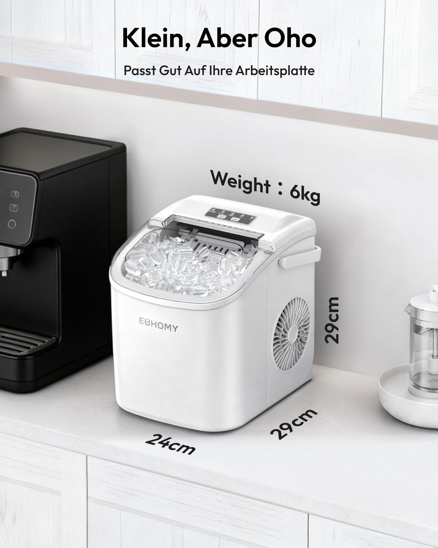 EUHOMY Ice cube machine, small ice cube machine, 9 ice cubes in 6 minutes, self-cleaning ice cube machine, with carrying handle and ice basket, 12 kg/day, suitable for kitchen, home, camping, RV, white - B0DG8Q7R6B