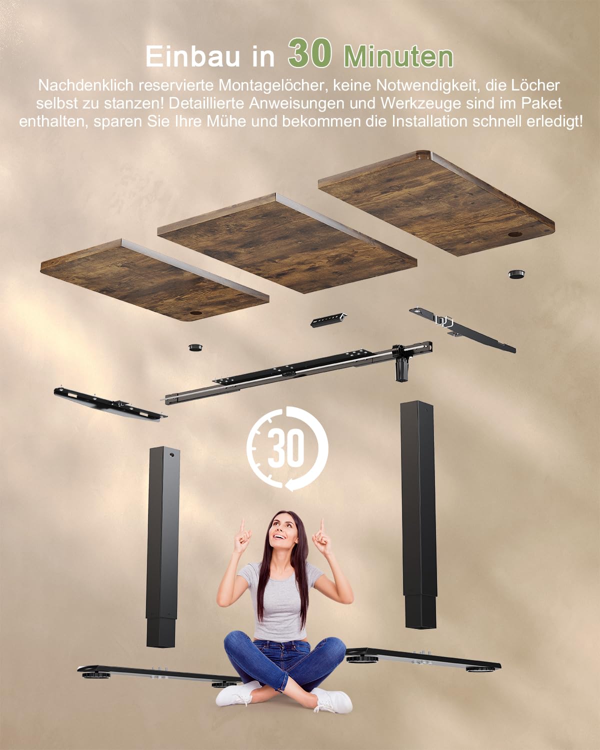 JUMMICO Birou reglabil pe înălțime cu port de încărcare USB, birou electric reglabil pe înălțime 140 x 60 cm, masă stand-sit, birou standing, masă computer reglabilă, birou standing, maro - 0403