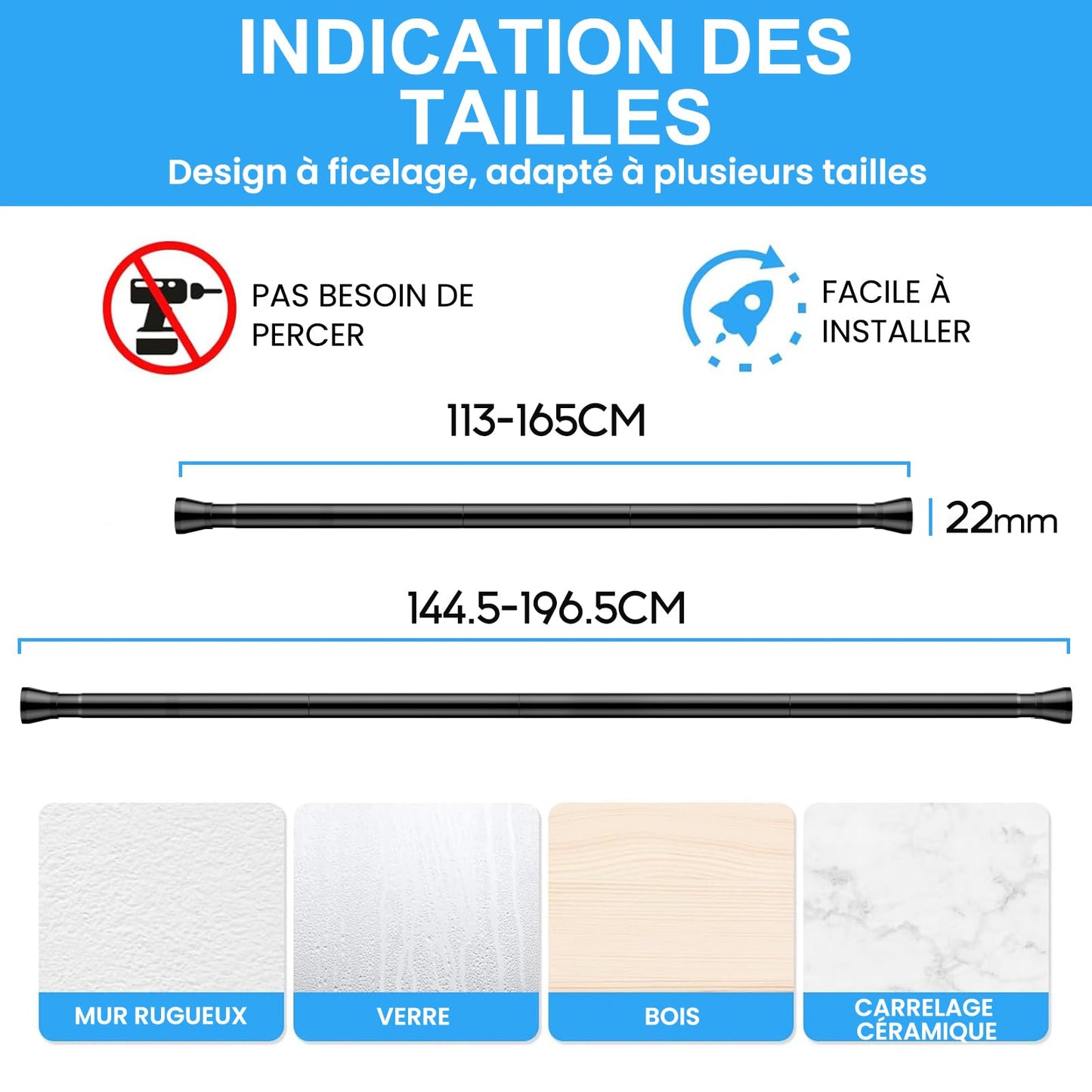 ZipGlo shower curtain rod 115-195cm extendable shower curtain rod for bathroom, window, wardrobe, no drilling, black, 1 piece, diameter 22 mm - 110-190CM