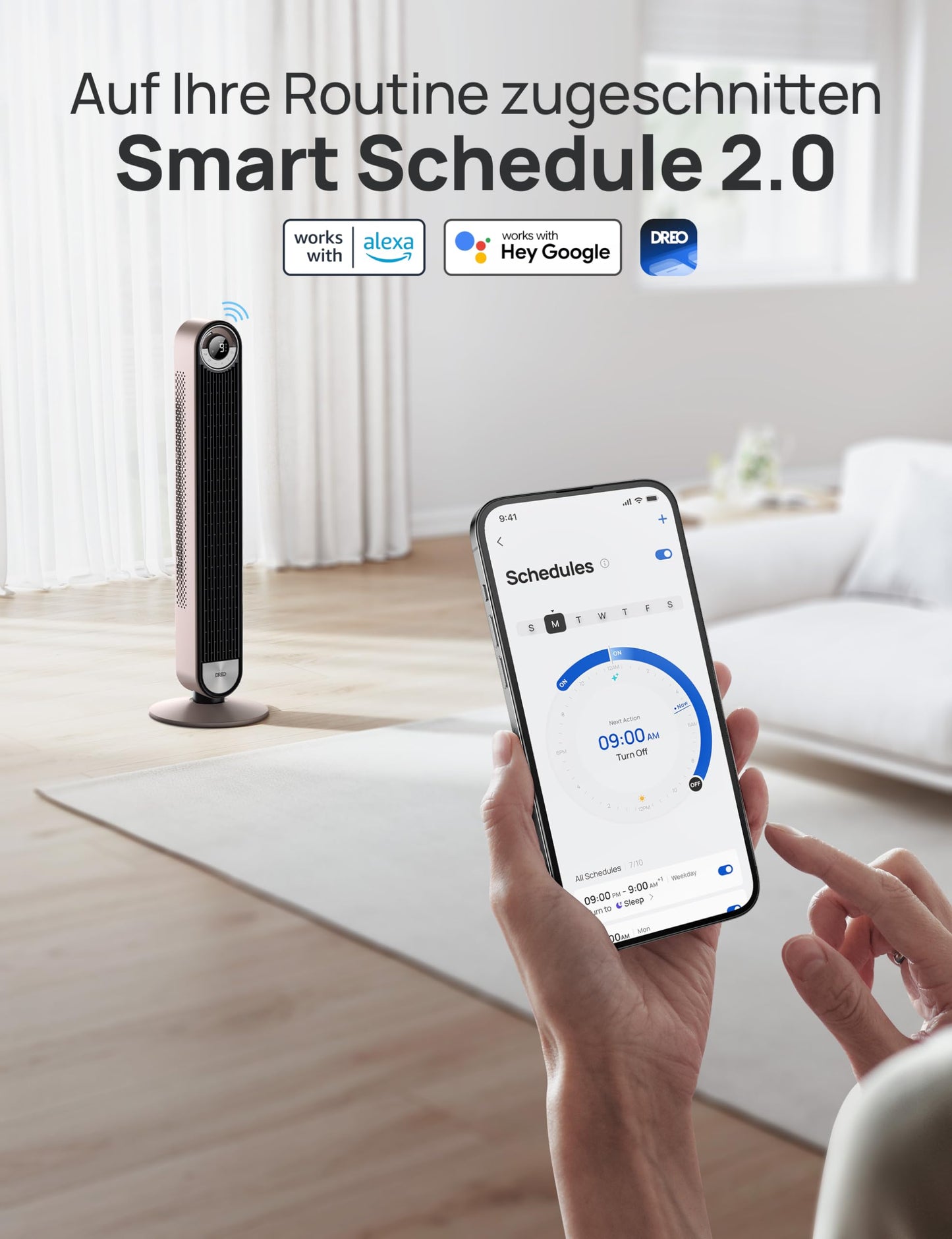 DREO 25dB Smart Quiet Tower Fan with Cooling, 106cm WiFi Alexa Tower Fan, 90° Oscillating Fan, Remote Control 9 Speed 4 Modes 12 Hour Timer Voice Control, Starlight - DR-HTF009S