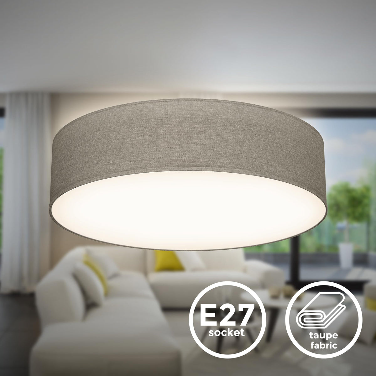 B.K.Licht - Ceiling lamp with fabric lampshade, E27 socket, max. 40 watts, ceiling light, lamp, living room lamp, bedroom lamp, kitchen lamp, ceiling lighting, 38x10 cm, taupe - BKL1221