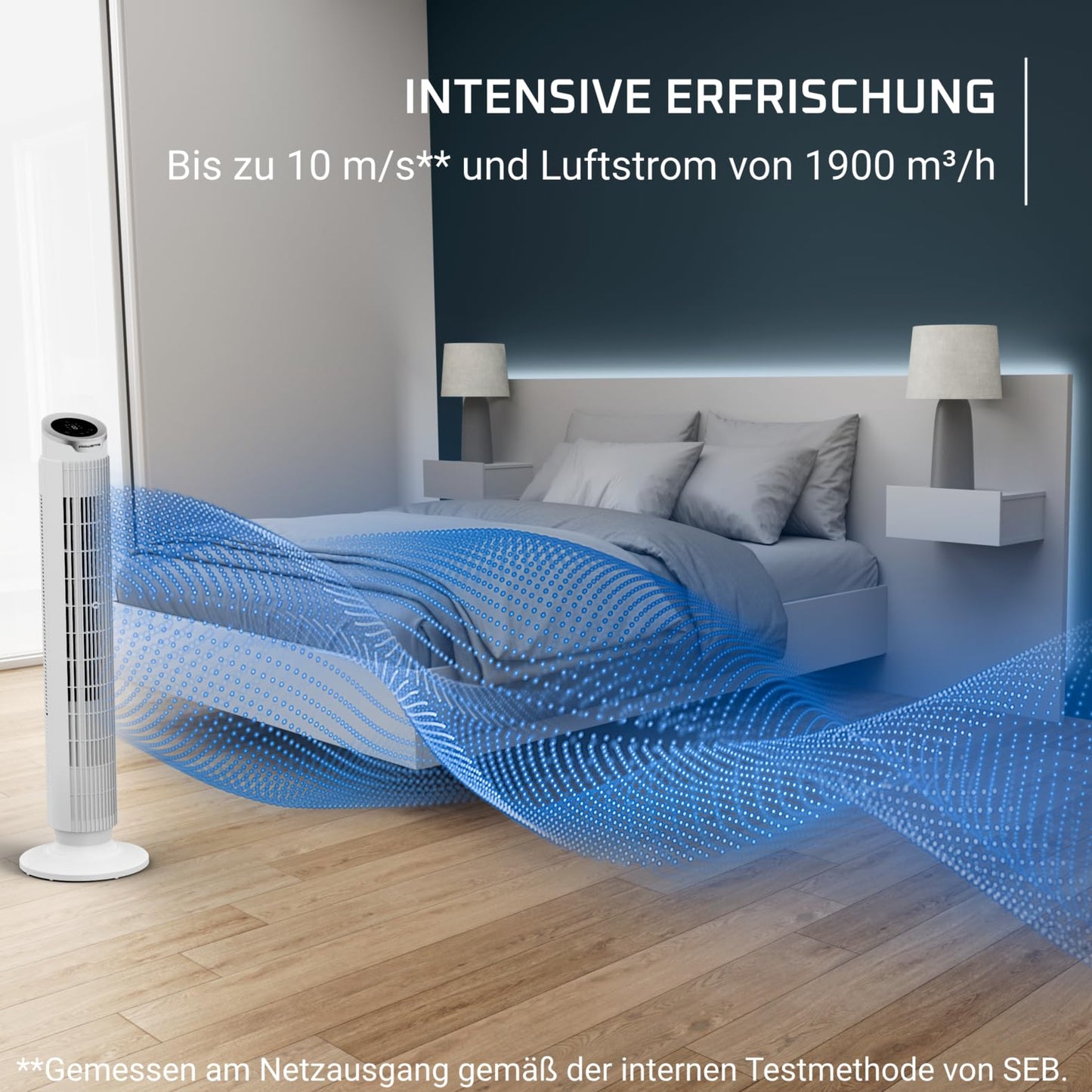 Rowenta Eole Silence Force Tower Fan, Powerful, Silent Mode, 8 Speed Levels, 4 Automatic Modes, Timer, 90° Panning, Remote Control, Dust Cover, White, VU7025F0