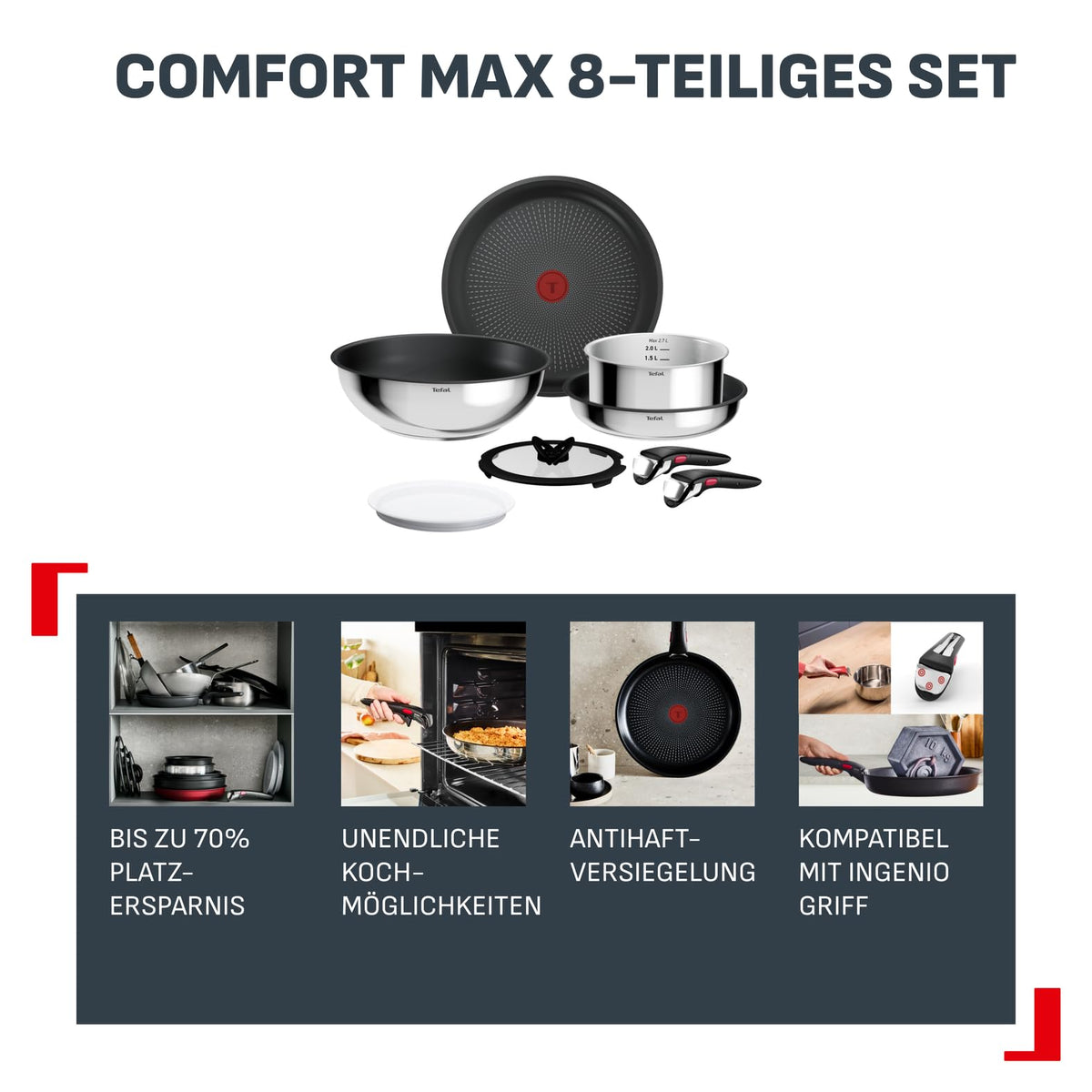 Tefal Ingenio Comfort Max 8-piece Cookware Set, stackable, space-saving - L966S844