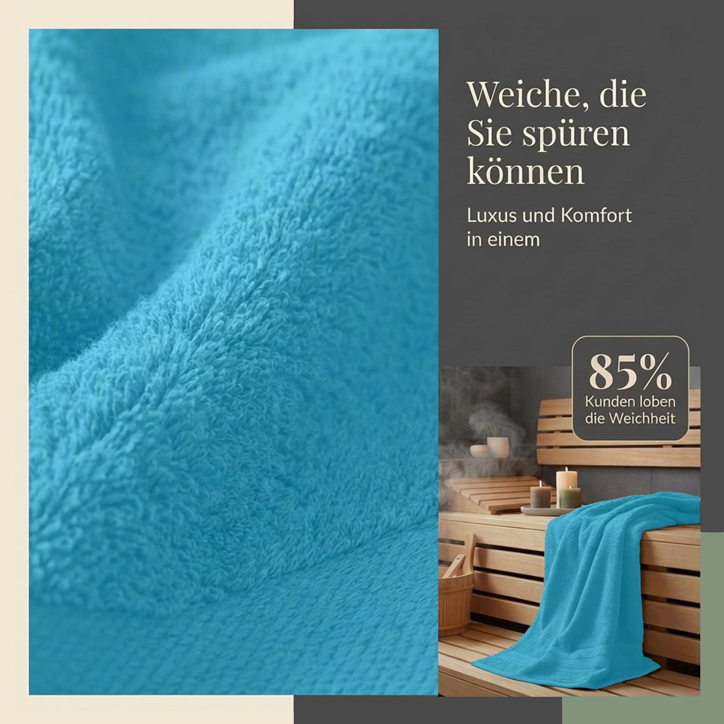 Komfortec 2 sauna towel set 80x200 cm, large sauna towels made of 100% cotton, sauna towels, fluffy and absorbent, quick-drying, turquoise - 2er-80x200-türkis