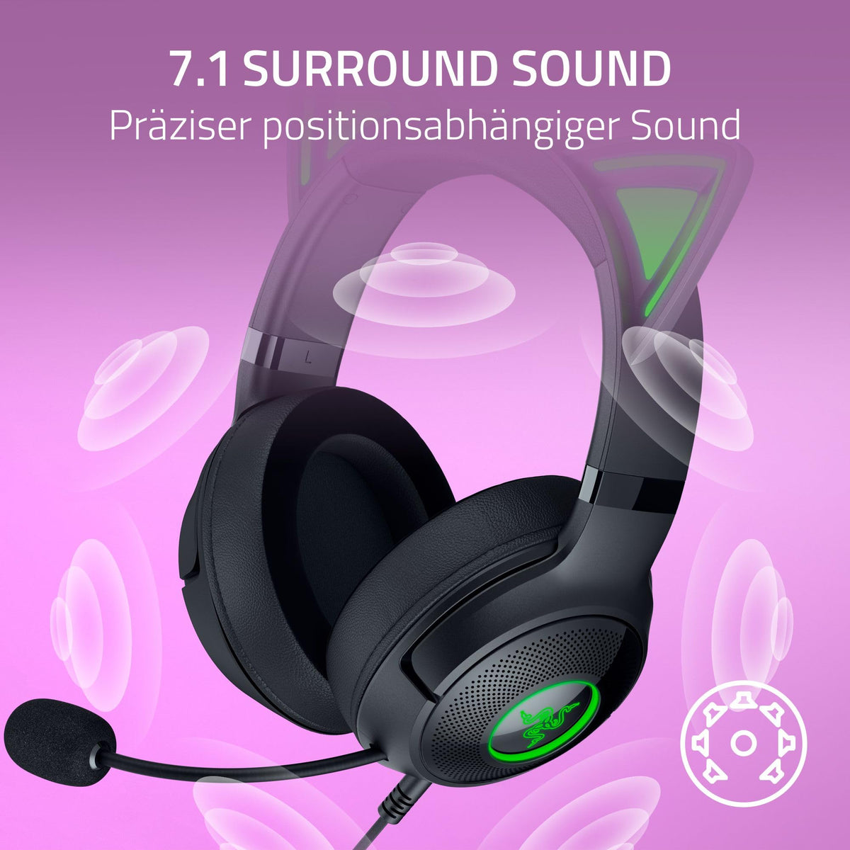 Razer Kraken Kitty V2 - Cască RGB cu fir cu urechi de pisică (Iluminare reactivă pentru streaming, microfon HyperClear, drivere Triforce de 40mm, sunet surround 7.1) Negru - RZ04-04730100-R3M1