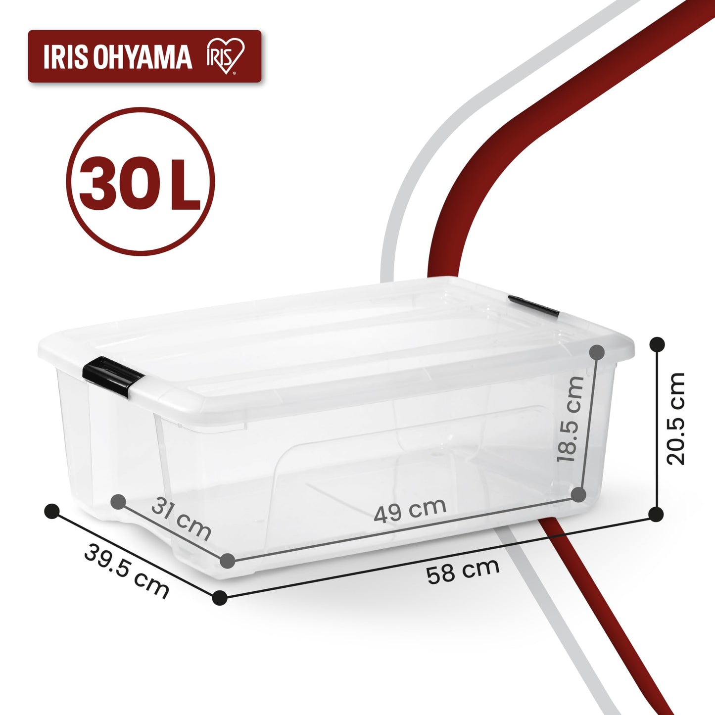Iris Ohyama, Set of 6, Storage Boxes, 30 L with Clips, Stackable, Living Room, Bedroom, Garage - New Top Box NTB-30 - Transparent - 104514