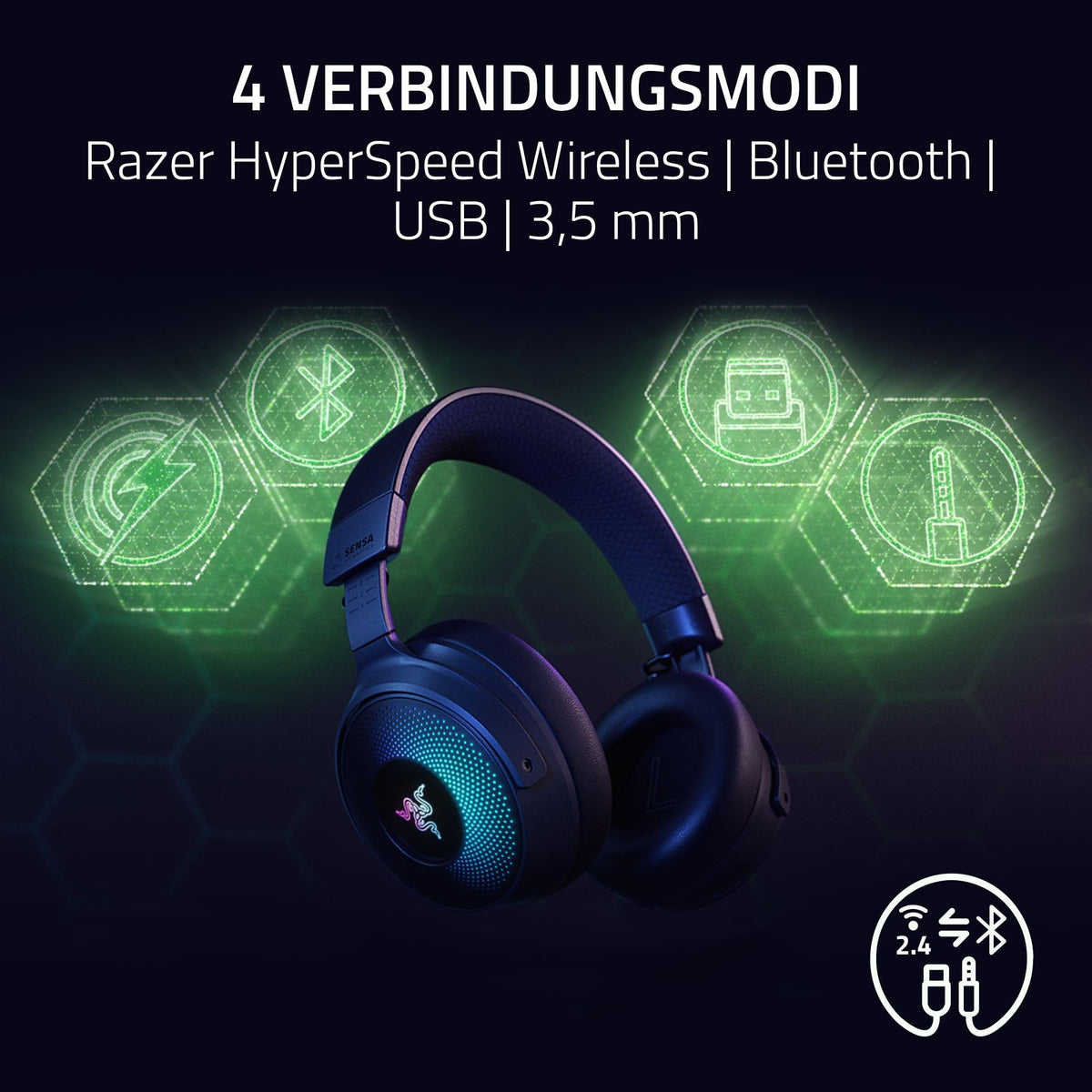 Razer Kraken V4 Pro - Cască de gaming wireless cu Control Hub Sensa HD-Haptik (Control Hub OLED, drivere Triforce de 40mm, HyperSpeed & Bluetooth, THX Spatial Audio, RGB) Negru - RZ04-05160100-R3M1