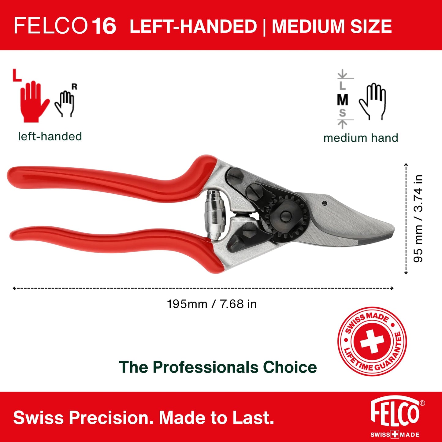 FELCO 16 bypass secateurs for left-handed medium-sized hands, 42 mm hardened steel blade, forged aluminum handles, cut up to 20 mm, ergonomic, Swiss Made