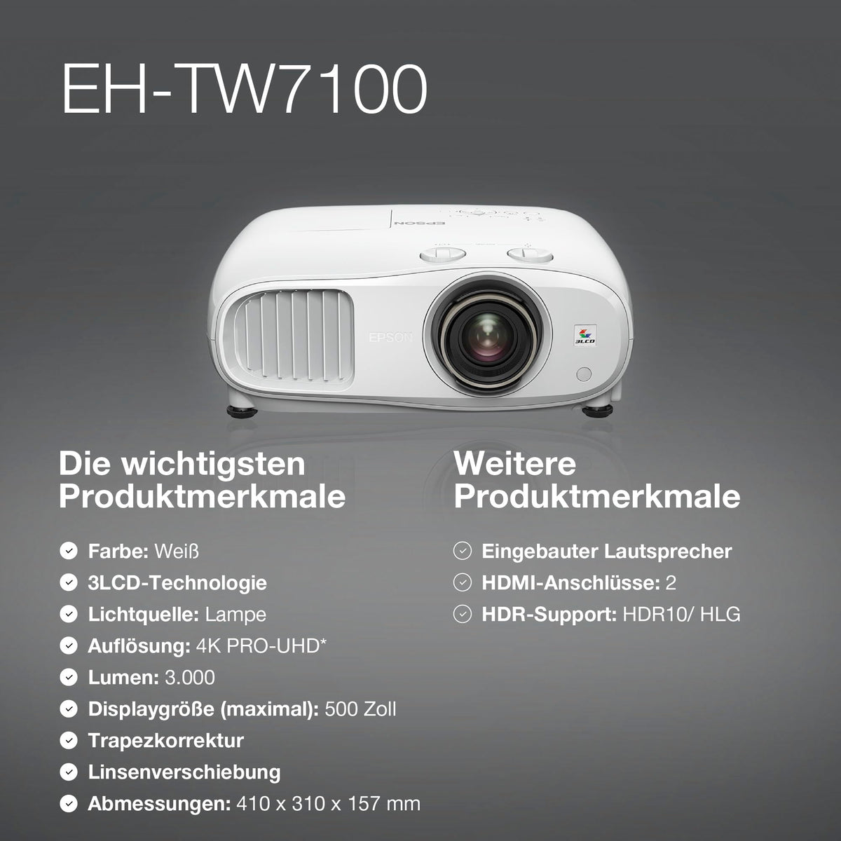 Epson EH-TW7100 | 4K-PRO-UHD Projector | 3,000 Lumens | 3LCD | 500" Projection Size | Easy streaming from devices with 2 HDMI ports | 10W Stereo Speakers | Home and Gaming Use | White - V11H959040