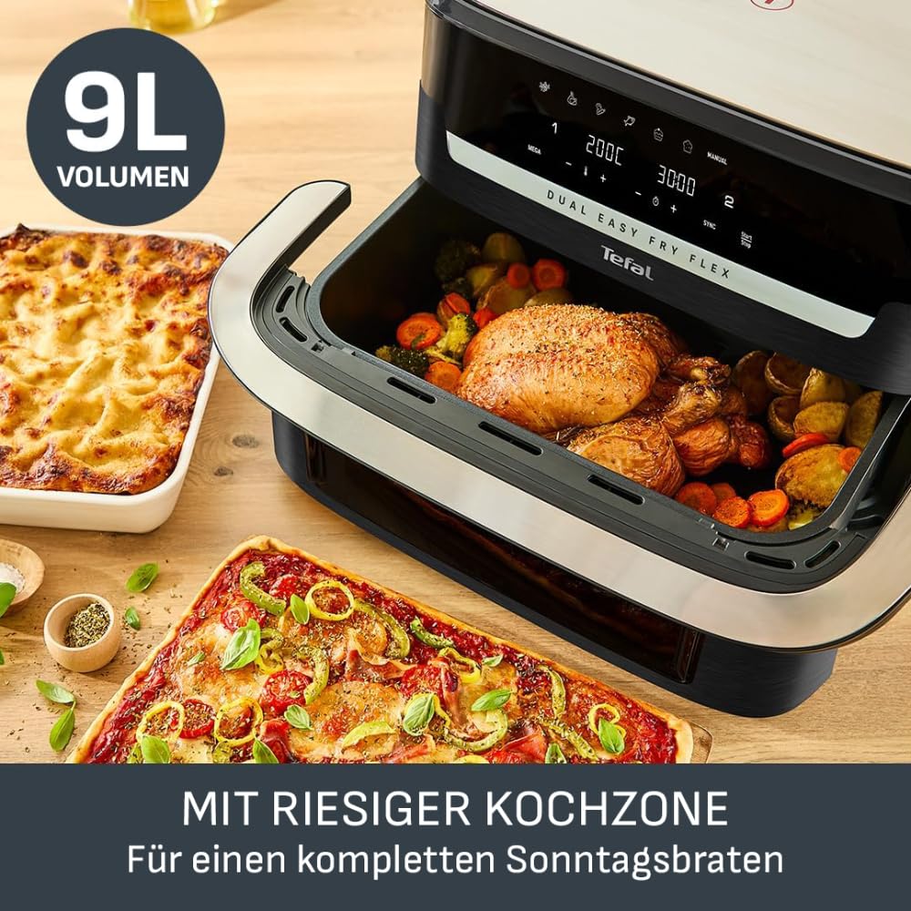 Tefal Dual Easy Fry Flex hot air fryer 9L - Airfryer with 2 chambers & GiantZone, FlexCook divider, 2700 W, 40-200 °C, 7 programs, low-fat frying & preparing 2 dishes at the same time EY9228 - EY9228E0
