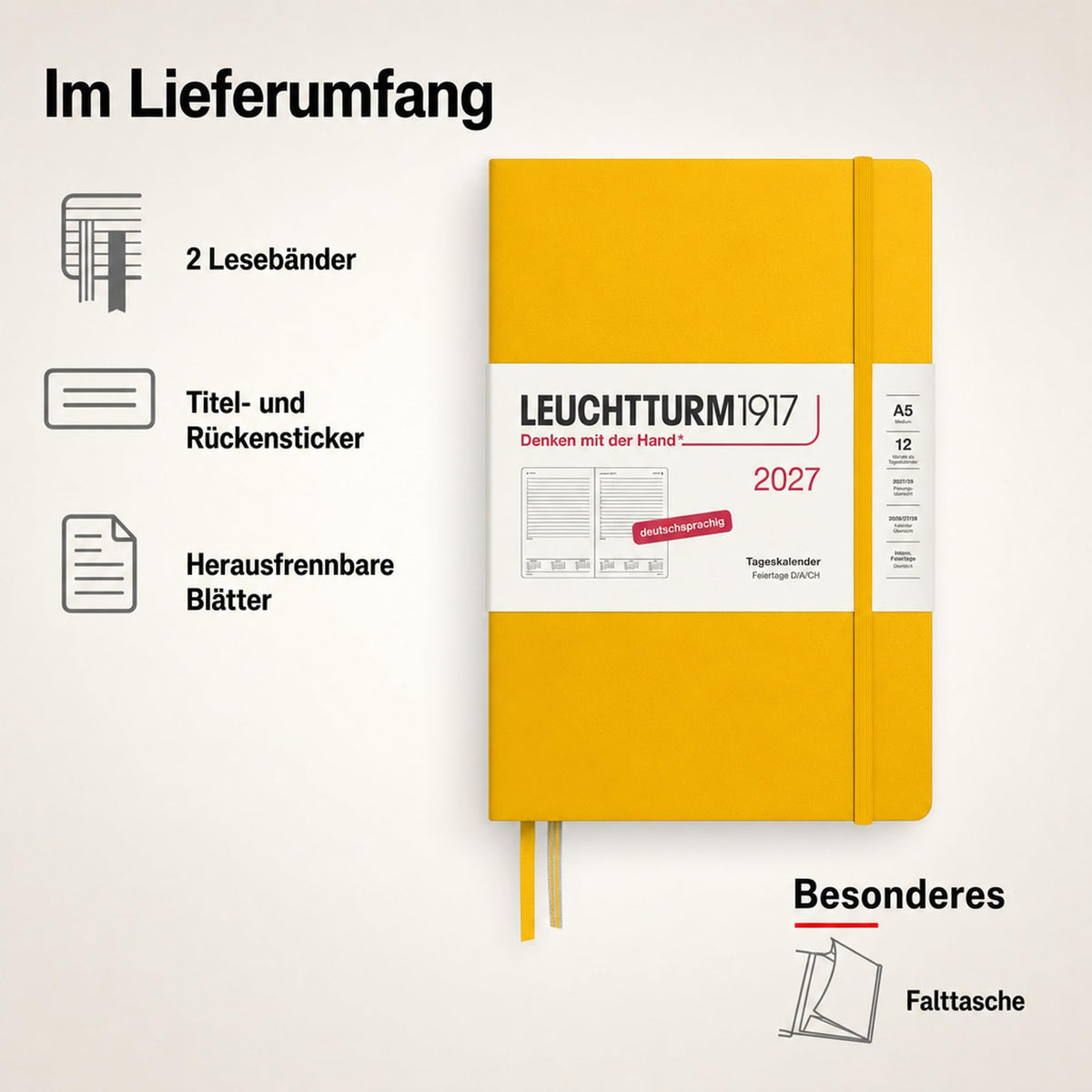 LEUCHTTURM1917 Daily Calendar 2027 Medium (A5) - German, Sunflower, 145 x 210 mm, January-December (12 months), 1 page per day, hourly grid 7:00 a.m. - 10:00 p.m., hardcover, 80 g/m² paper - 400160