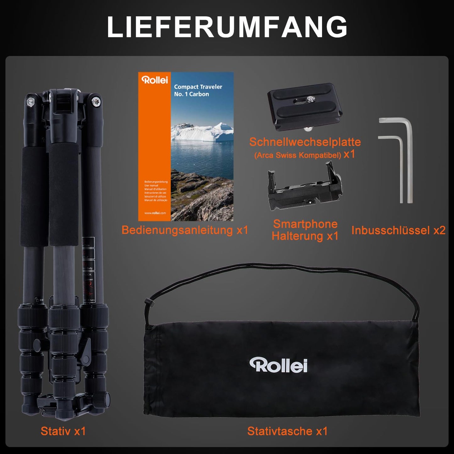 Rollei Compact Traveler No.1 Carbon Black, 145cm camera tripod Lightweight travel tripod with ball head Arca Swiss compatible Compact photo tripod with monopod function for DSLR & smartphone Pack size 34cm - 22578