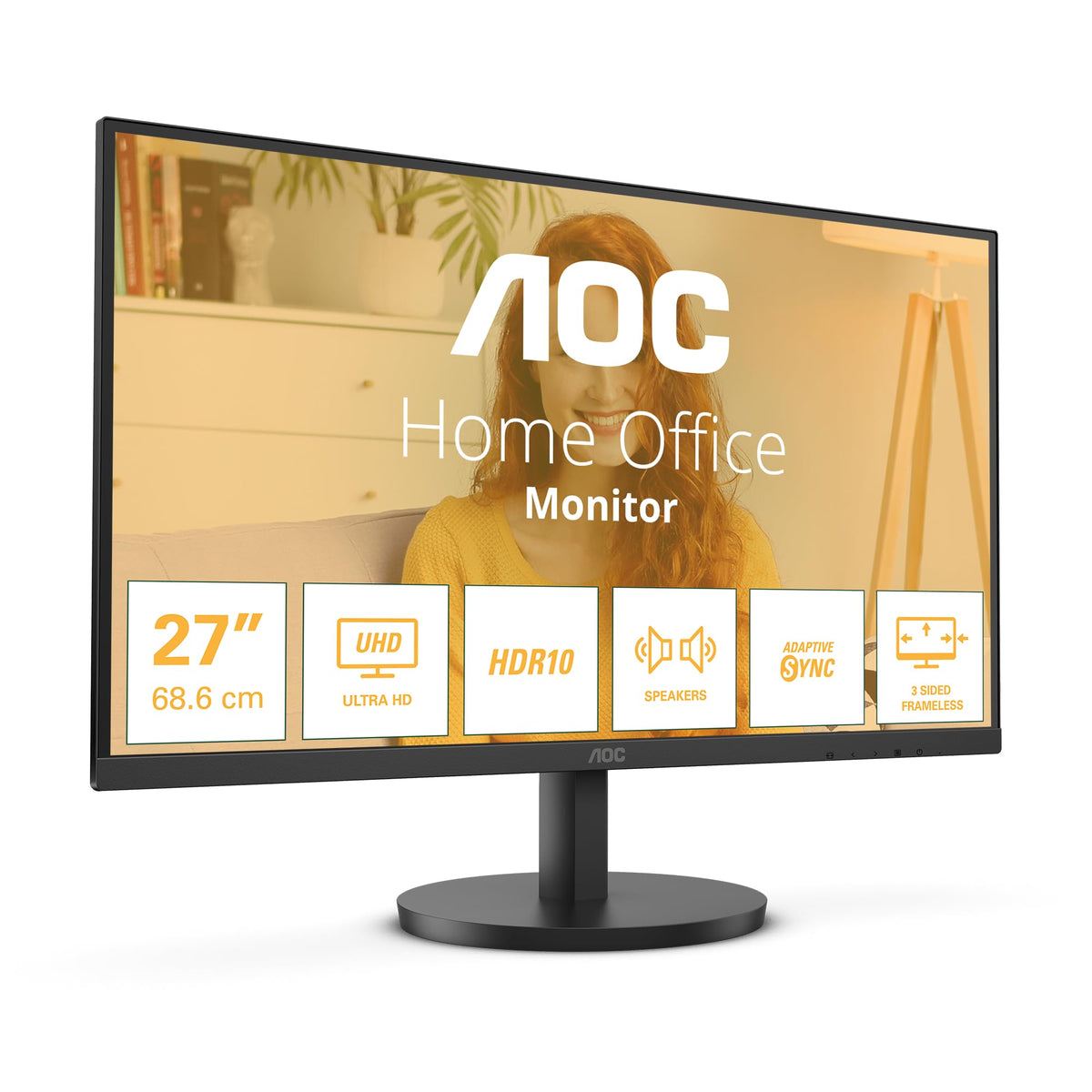 AOC U27B3A Monitor UHD de 27 Zoll, 60Hz, Panou IPS, 4ms GtG, HDR10, Difuzoare,(3840x2160 HDMI 2X 2.0 DP 1x 1.4) Negru