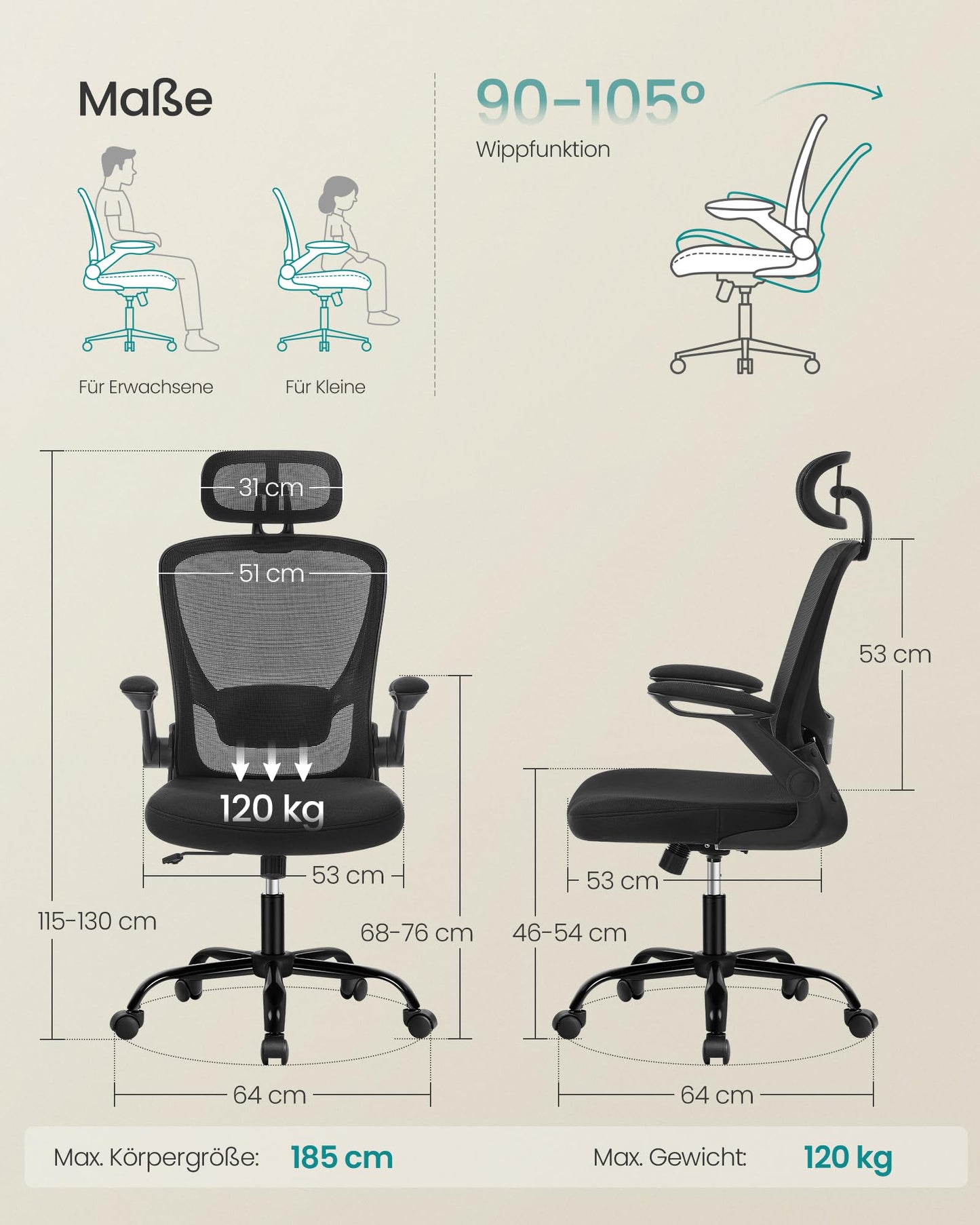 SONGMICS ergonomic office chair, swivel chair with mesh, lumbar and headrest, rocker function, 53 cm seat, folding armrests, study and bedroom, students, ink black OBN047B01