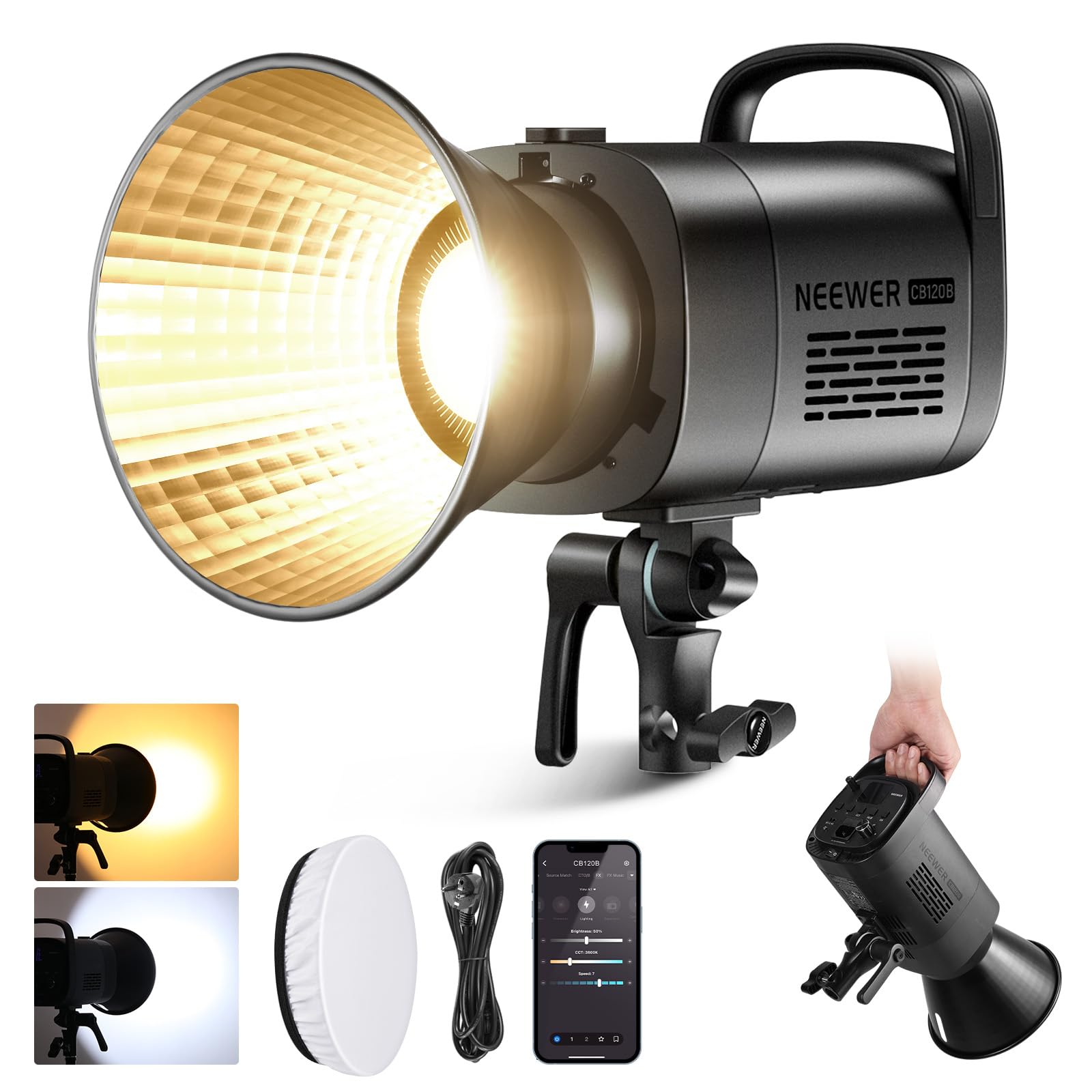 NEEWER CB120B 120W LED video light with 2.4G APP control, COB, two-tone, 2700K - 6500K, 78000 lux at 1m/CCT mode/CRI97/12 scenes/Bowens mount, continuous light for studio photography/video recordings - 10104632