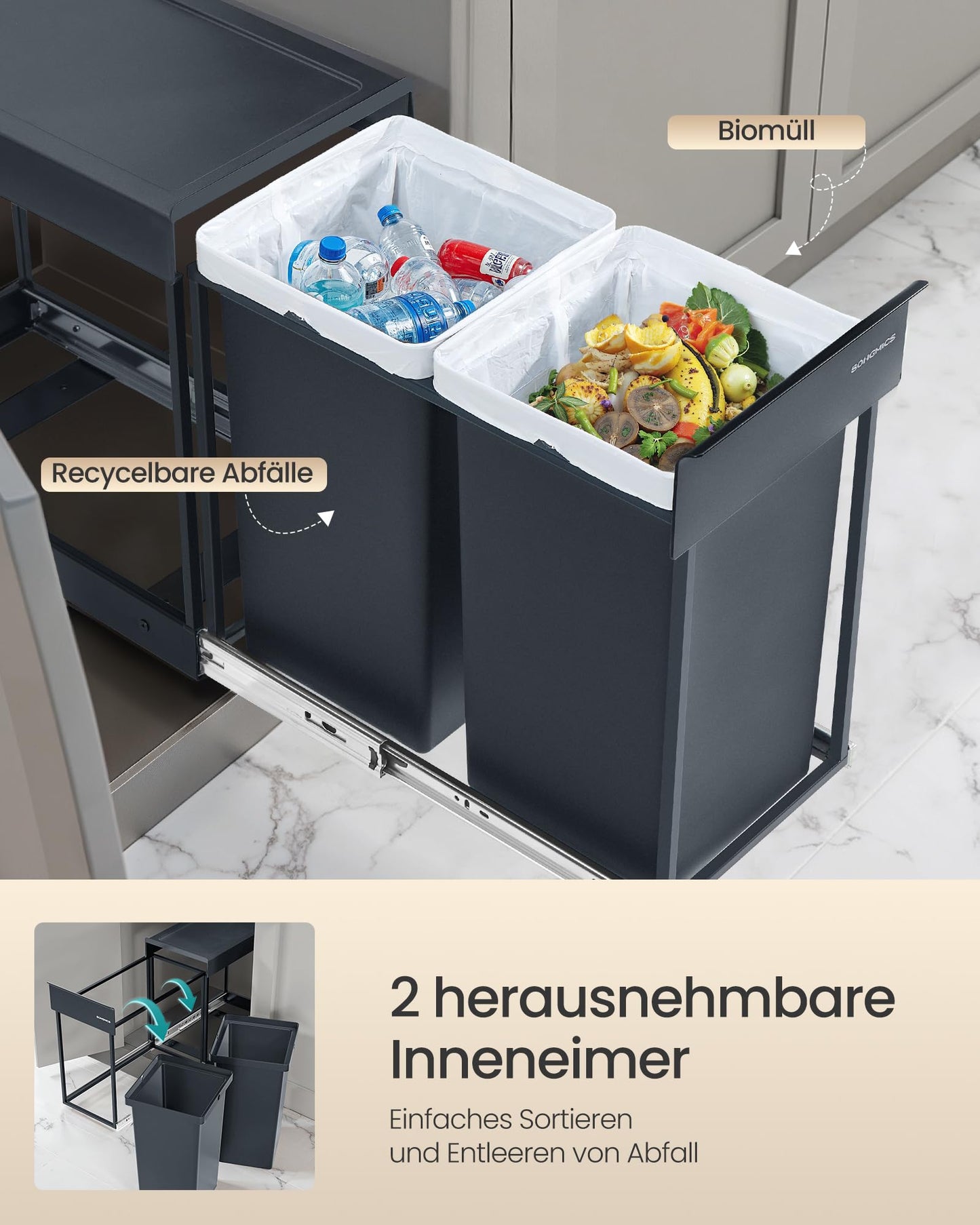 SONGMICS waste bin kitchen, waste separation system for base cabinet, 2 x 15 L, waste bin 2 compartments, extendable, steel frame, ABS lid, gray LTB950GZ01