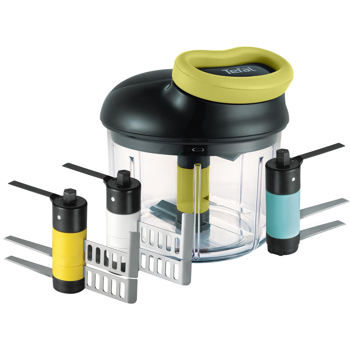 Tefal K13210 5-Second Chopper without electricity, 900ml; Universal chopper for vegetables, fruits, nuts, garlic, baby food. Includes additional ice crusher, puree, and mixing attachments, black/green.