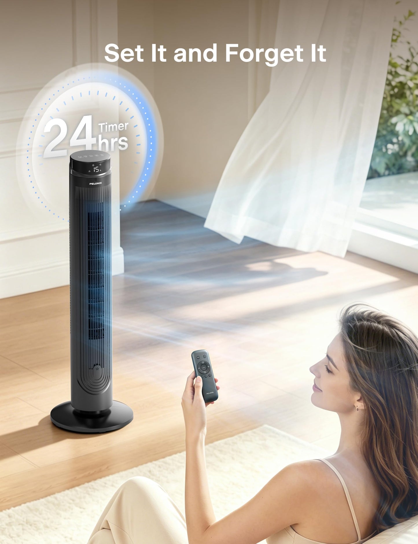 Pelonis pedestal fan with DC motor, 12 speeds, 90° oscillation, AI temperature mode, 24h timer, touch control & remote control - quiet & energy saving for home & office - PFT125ARCPKDE