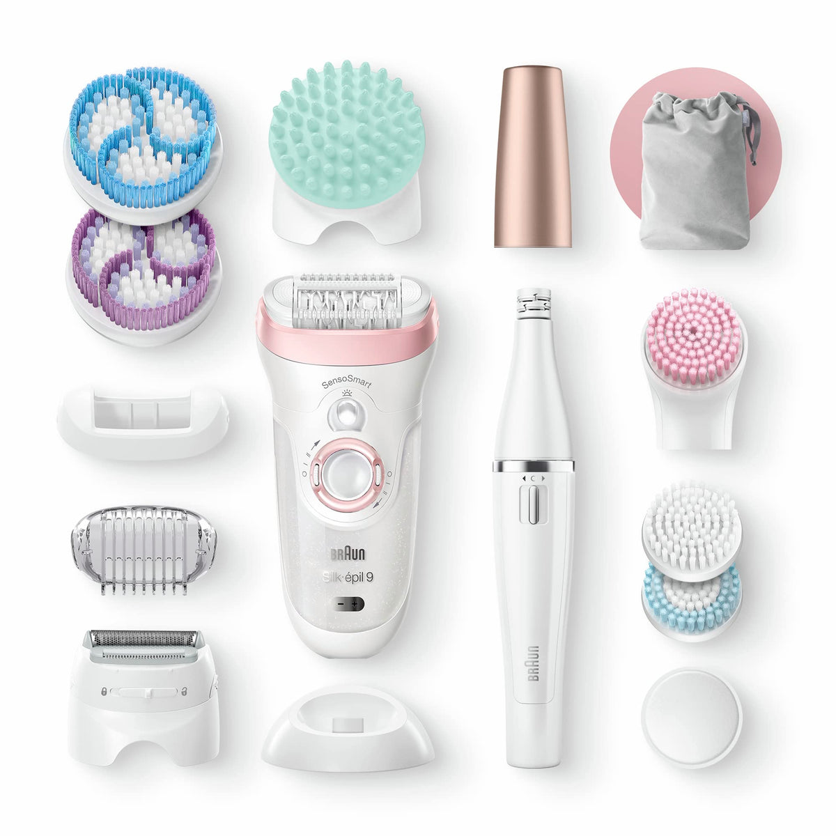Braun Silk-épil 9 Beauty Set, Epilator for Women / Hair Removal, FaceSpa Facial Hair Remover, Attachments for Shaving, Exfoliating, Cleansing Face/Body, Bag, 9-995, White/Flamingo - 4210201222996