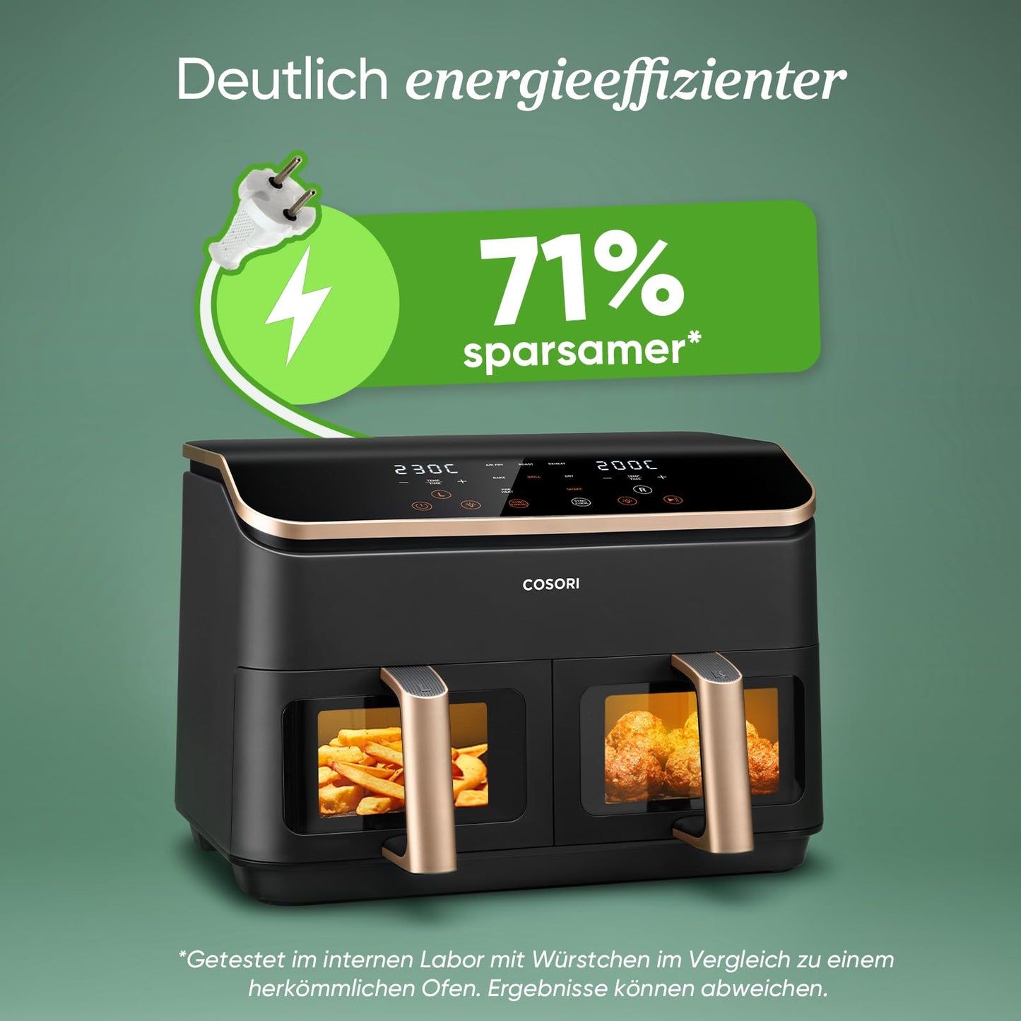 Cosori Airfryer | Test winner from Stiftung Warentest | 8.5L hot air fryer 2 chambers | Hot air fryer with viewing window | NTC technology for precise temperature control | Gold | R903