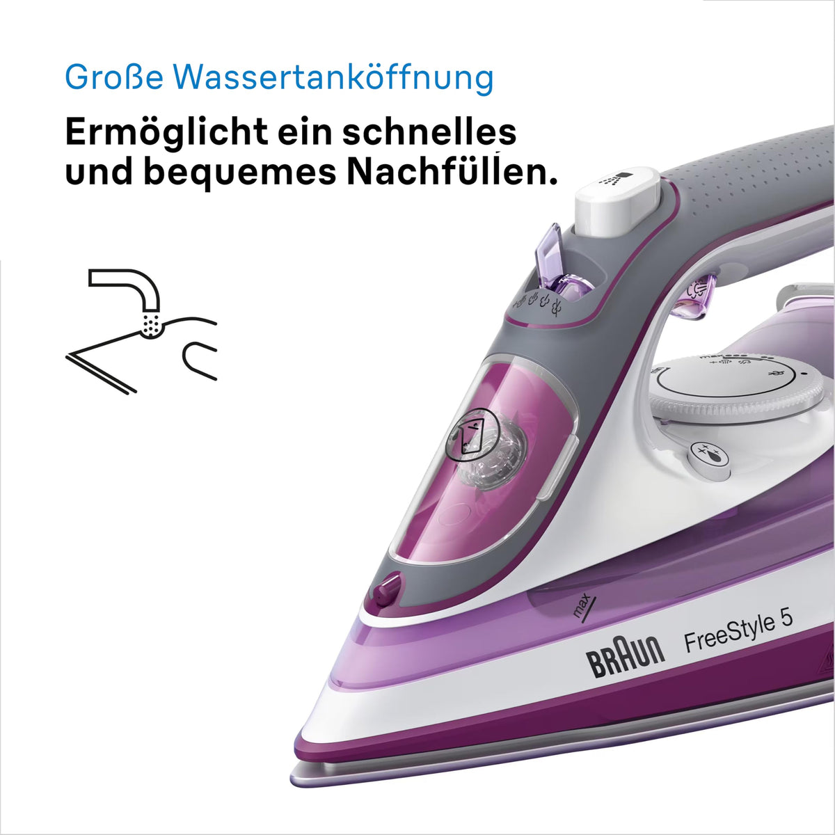 Braun FreeStyle 5 Steam Iron SI 5037 VI - Iron with Freeglide 3D soleplate, vertical steam, 2700 Watts, steam boost of 200 g/min, 330 ml water tank, Violet - SI5037VI