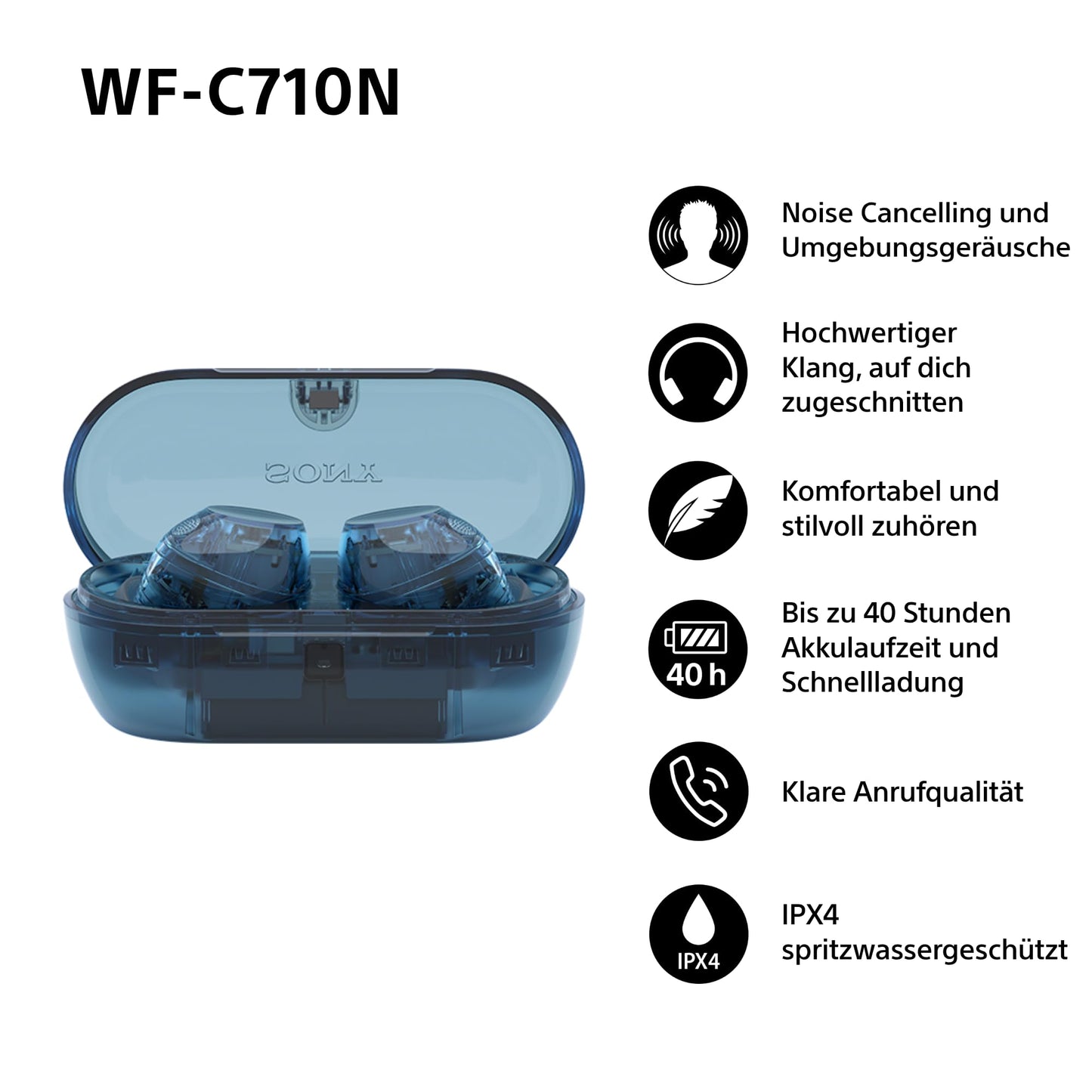 Sony WF-C710N - Truly Wireless Noise Canceling Earphones, lightweight, touch operation, multipoint connection, IPX4, up to 40h battery, quick charging, iOS and Android compatible, Glass Blue - WFC710NL.CE7
