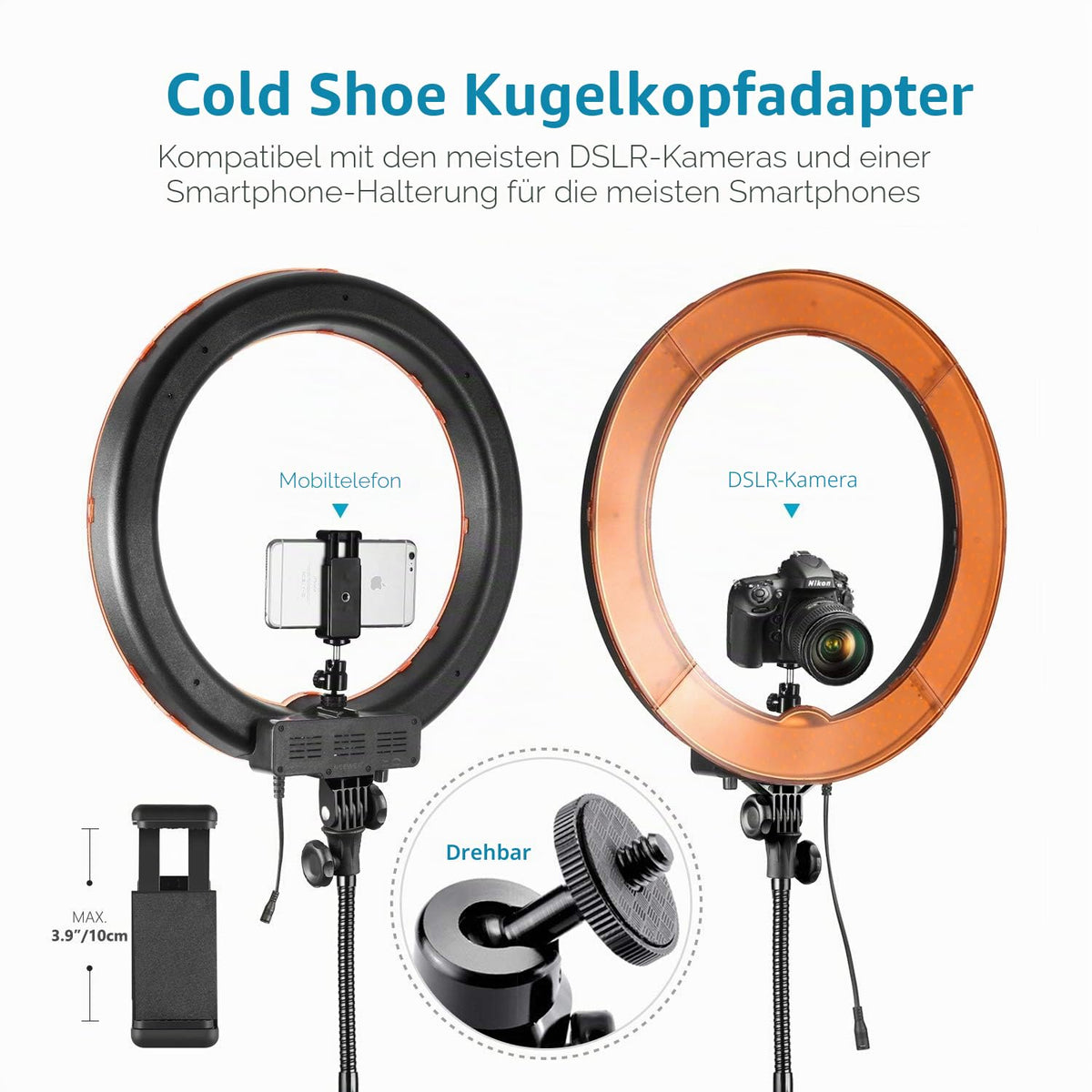 NEEWER Camera Photo Video Ring Light Kit: 18 inch/48 centimeters, 52W 5500K dimmable LED ring light, light stand, Bluetooth receiver for smartphone, perfect for YouTube self-portrait recordings. - RL-18