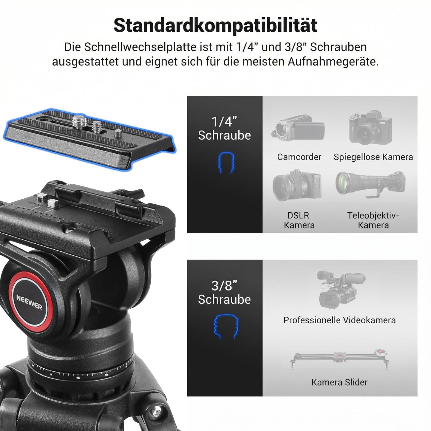 NEEWER 74" Pro Video Tripod with Fluid Head, QR Plate Compatible with DJI RS Gimbals, Heavy Duty Camera Tripod with Telescopic Handle Scaled Base for DSLR, Max Load 17.6lb/8kg, TP74