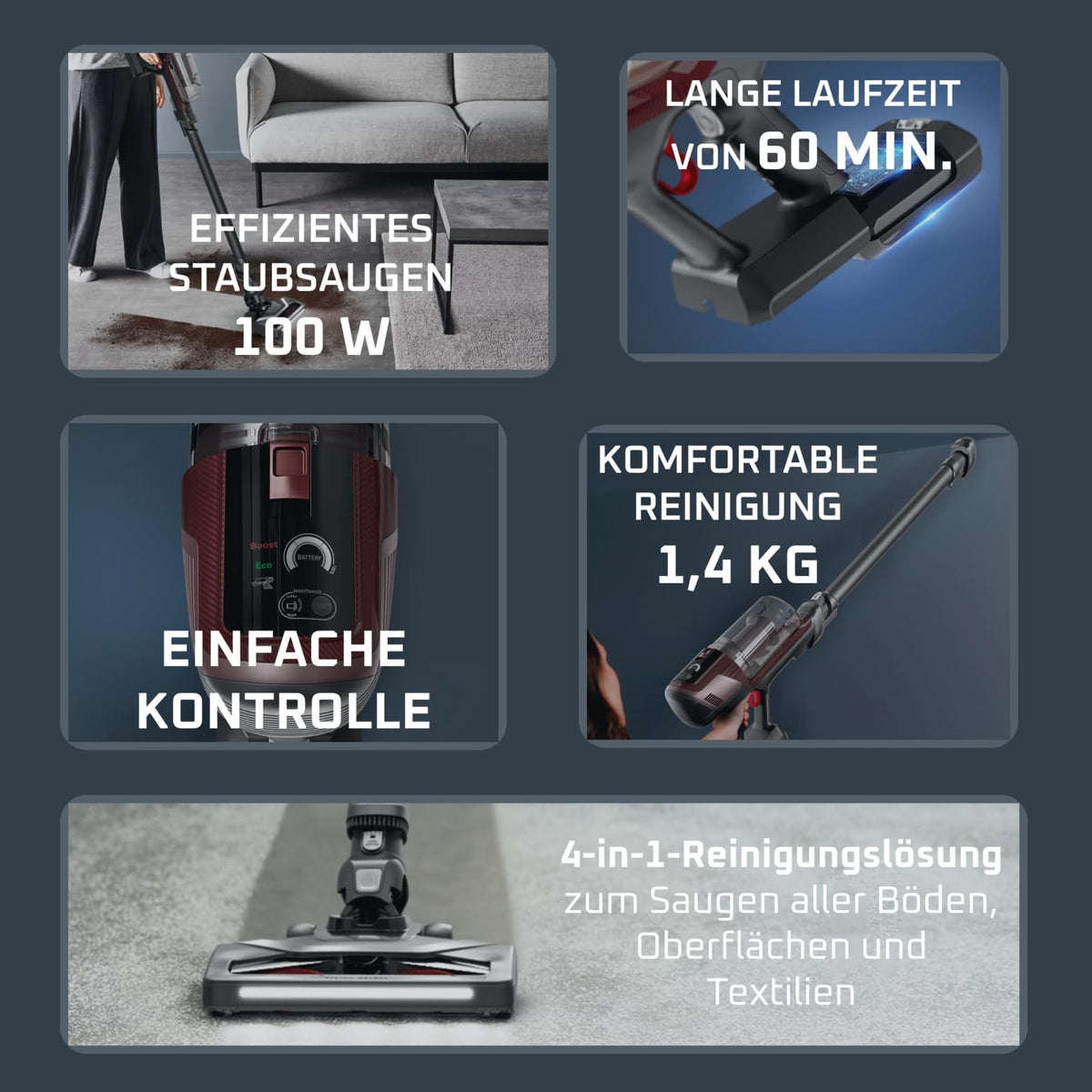 Rowenta X-Pert 6.80 cordless stick vacuum cleaner, powerful 100 AW, long runtime of up to 60 minutes, LED nozzle, only 1.4 kg as a handheld vacuum, includes pet hair accessories, wine red/black, RH6485E0
