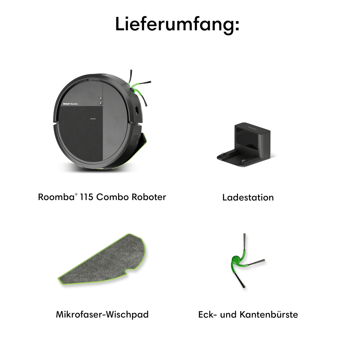 iRobot Roomba® 115 Combo Robot aspirator și mop, putere de aspirație de 15k Pa, perii și pad de ștergere incluse, navigare cu Clearview™ LiDAR, Negru - Y414040