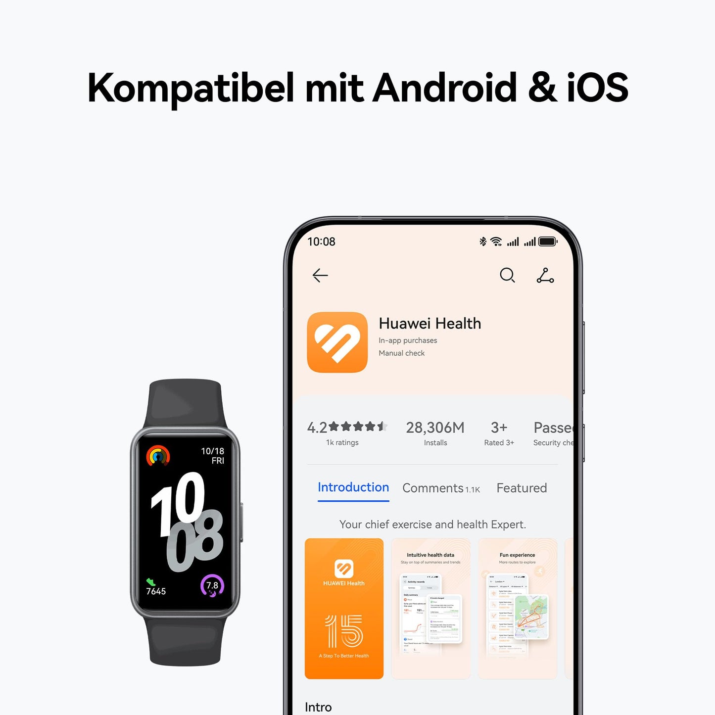 HUAWEI Band 10 Smartwatch, AI-powered fitness tracking with sleep analysis, average heart rate variability (HRV) while sleeping, up to 14 days battery life, for iOS & Android, rose - Nora-B19F