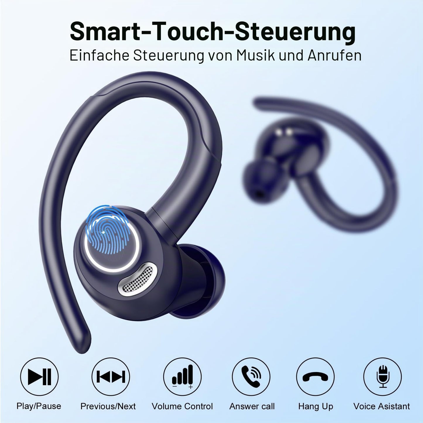 Csasan Bluetooth headphones sports, in-ear headphones, wireless Bluetooth 5.3 with ear hook, Hi-Fi stereo sound, 48 hour earbuds with 4 ENC noise canceling microphones, IPX7 waterproof earphones, blue - V90