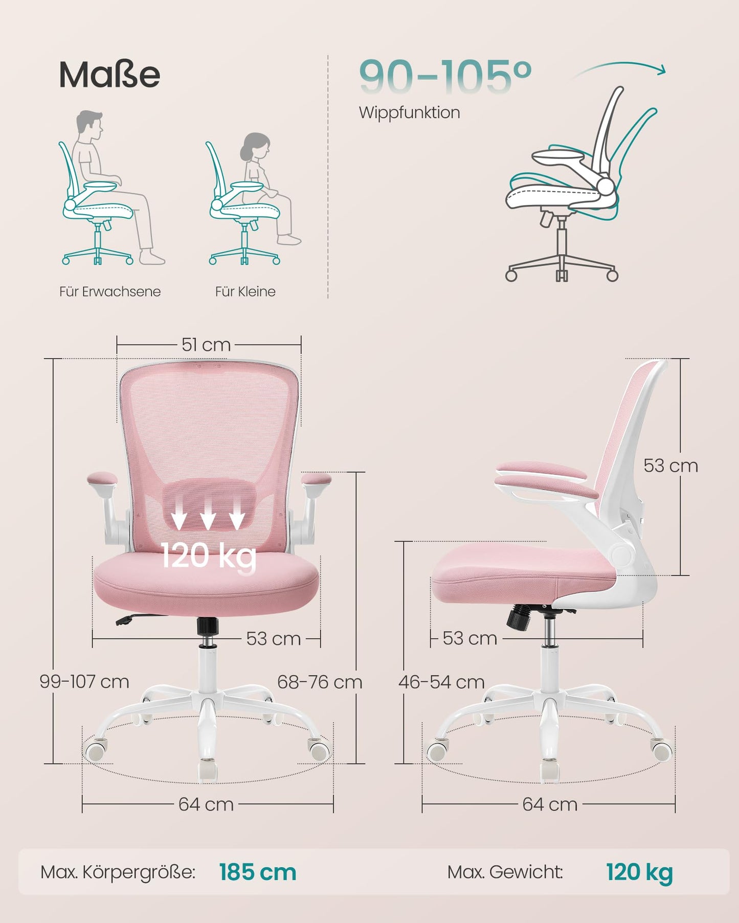 SONGMICS Office Chair Ergonomic, Swivel Chair with Mesh, Lumbar Support, Rocker Function, 53cm Seat, Folding Armrests, Study and Bedroom, Students, Pastel Pink OBN037R01