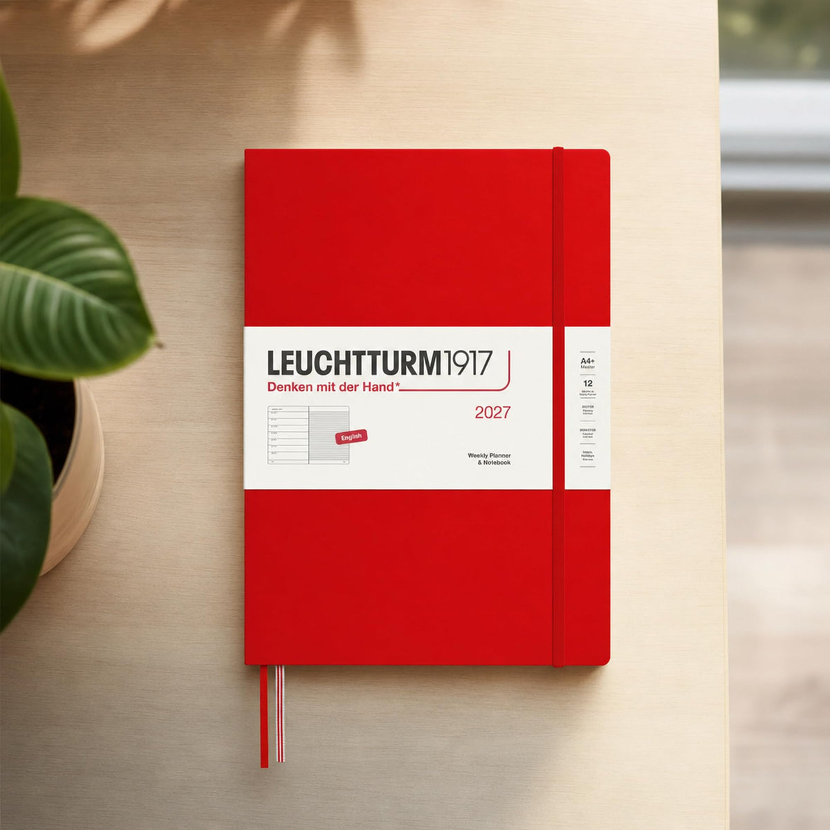 LEUCHTTURM1917 weekly calendar 2027 A4+ (master) with notebook, lined - appointment planner English, cherry, hardcover, 225 x 315 mm, January-December 2027, weekly overview on the left + note page on the right - 400204