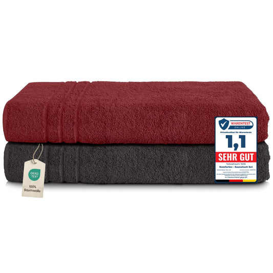 Set de 2 prosoape de saună Komfortec, 80x200 cm, prosoape mari de saună din bumbac 100%, pufoase și absorbante, cu uscare rapidă, negru/roșu-aurora - 2buc-80x200-negru-rosu-aurora