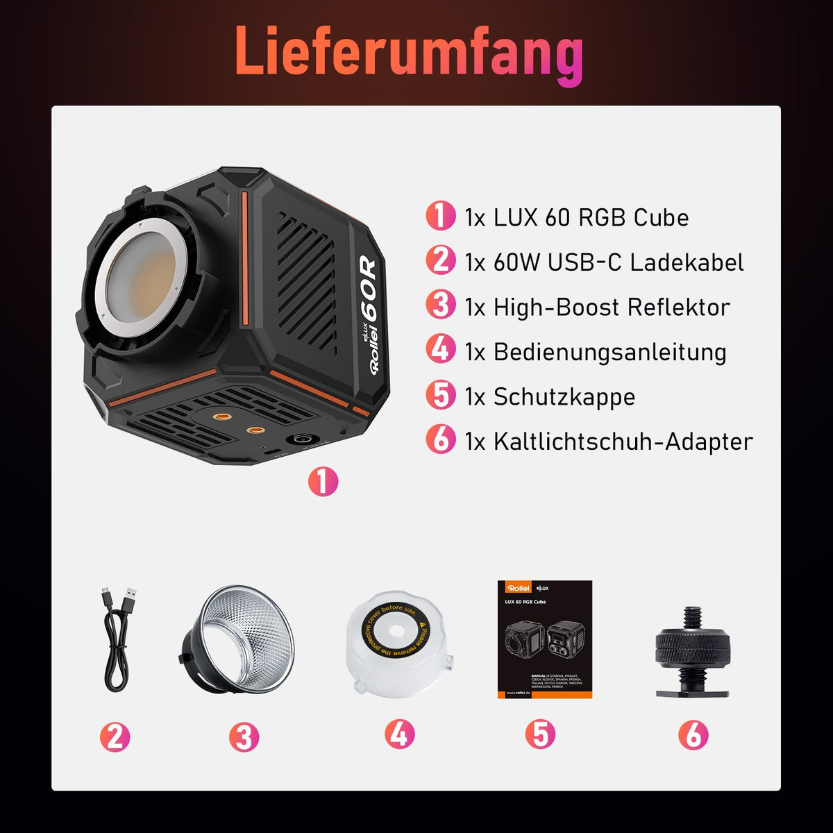 Rollei LUX 60 RGB LED video light with built-in battery DC/Type C charging - 28448