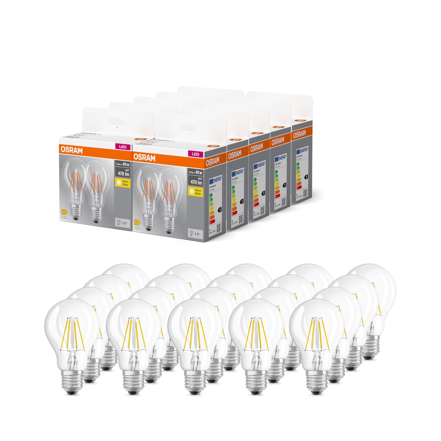 Osram BASE CLASSIC A FIL 40 LED lamp with E27 base, classic bulb shape, double pack, 4W, 470lm, 2700K, warm white light, low heat generation, long service life, energy saving, 20 pack - 4099854090219