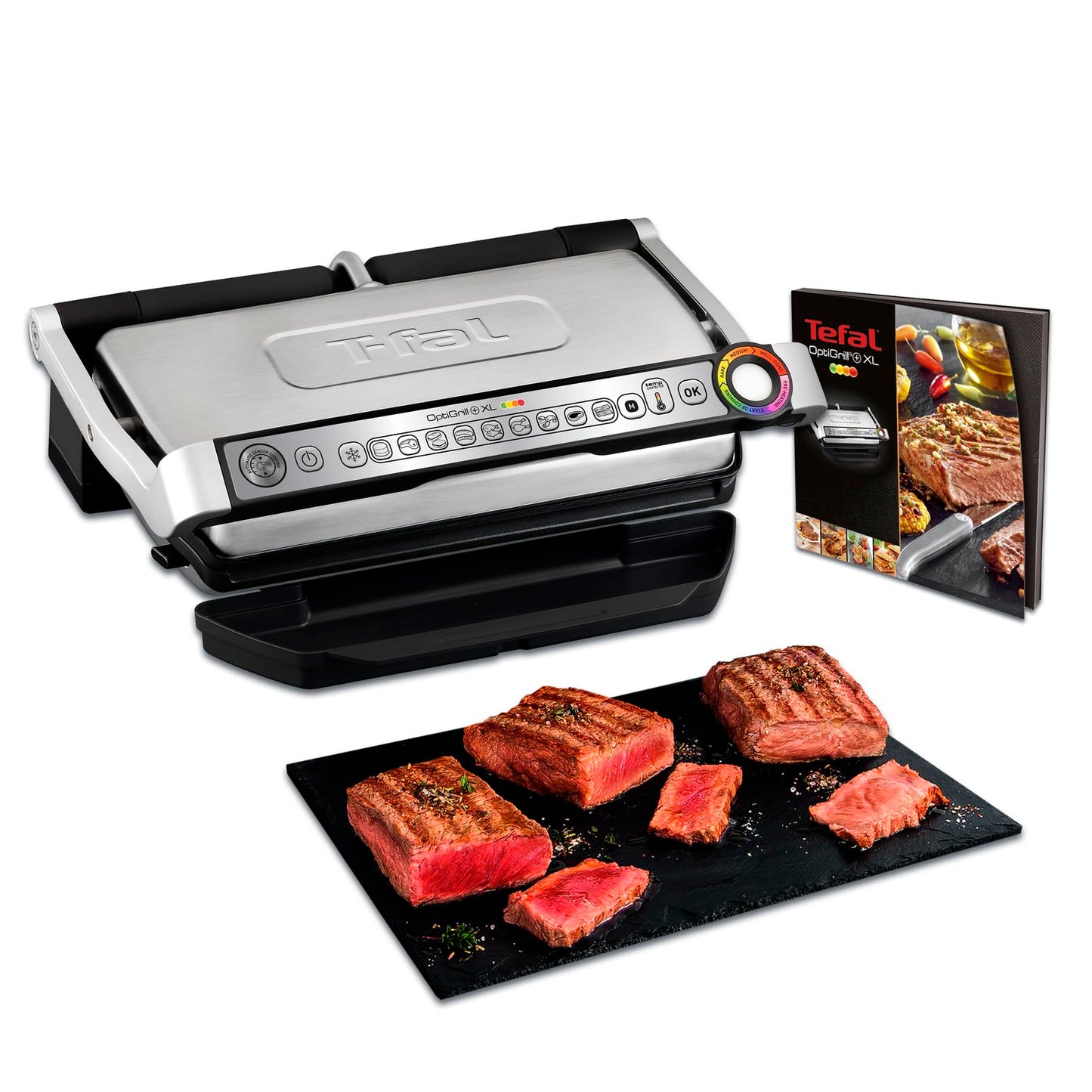 Tefal OptiGrill+ XL contact grill, 9 programs, manual mode, 200 W, cooking level display, thickness measurement, removable XL plates, electric grill, stainless steel, GC722D16