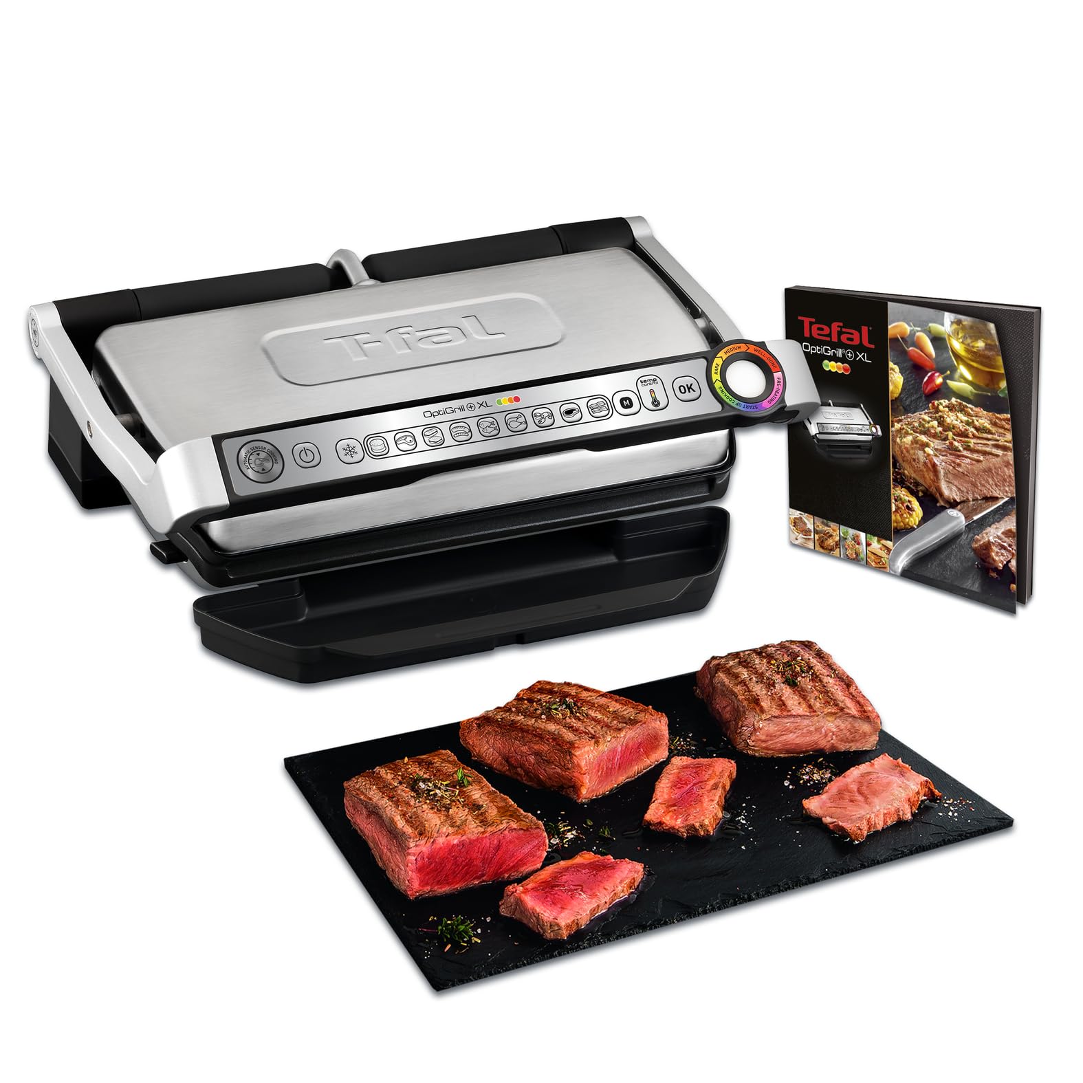 Tefal OptiGrill+ XL, grătar electric, 9 programe, mod manual, 200 W, indicator nivel de gătire, măsurare grosime, plăci XL detașabile, inox, GC722D16