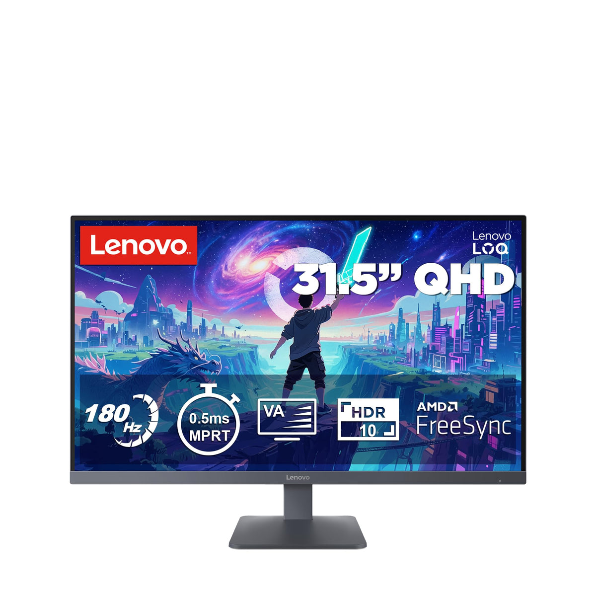 Lenovo LOQ 32Q-10 | 31.5'' QHD WLED Gaming Monitor | 2560x1440 | 16:9 | 180Hz | 0.5ms Response Time | HDMI 2.1 | DisplayPort | 3-Sided Near Edgeless Panel | VESA Adaptive Sync | AMD FreeSync | Gray - 68F7GAC1E5
