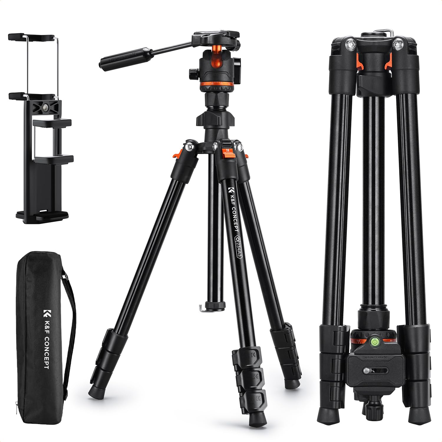 K&F CONCEPT Black 182CM Compact Aluminum Camera Tripod, Portable Travel Video Tripod, Compatible with iPhone, Load Capacity 8KG, Arca-Swiss Ball Head for DSLR and Mirrorless Cameras O234A3+BH-36